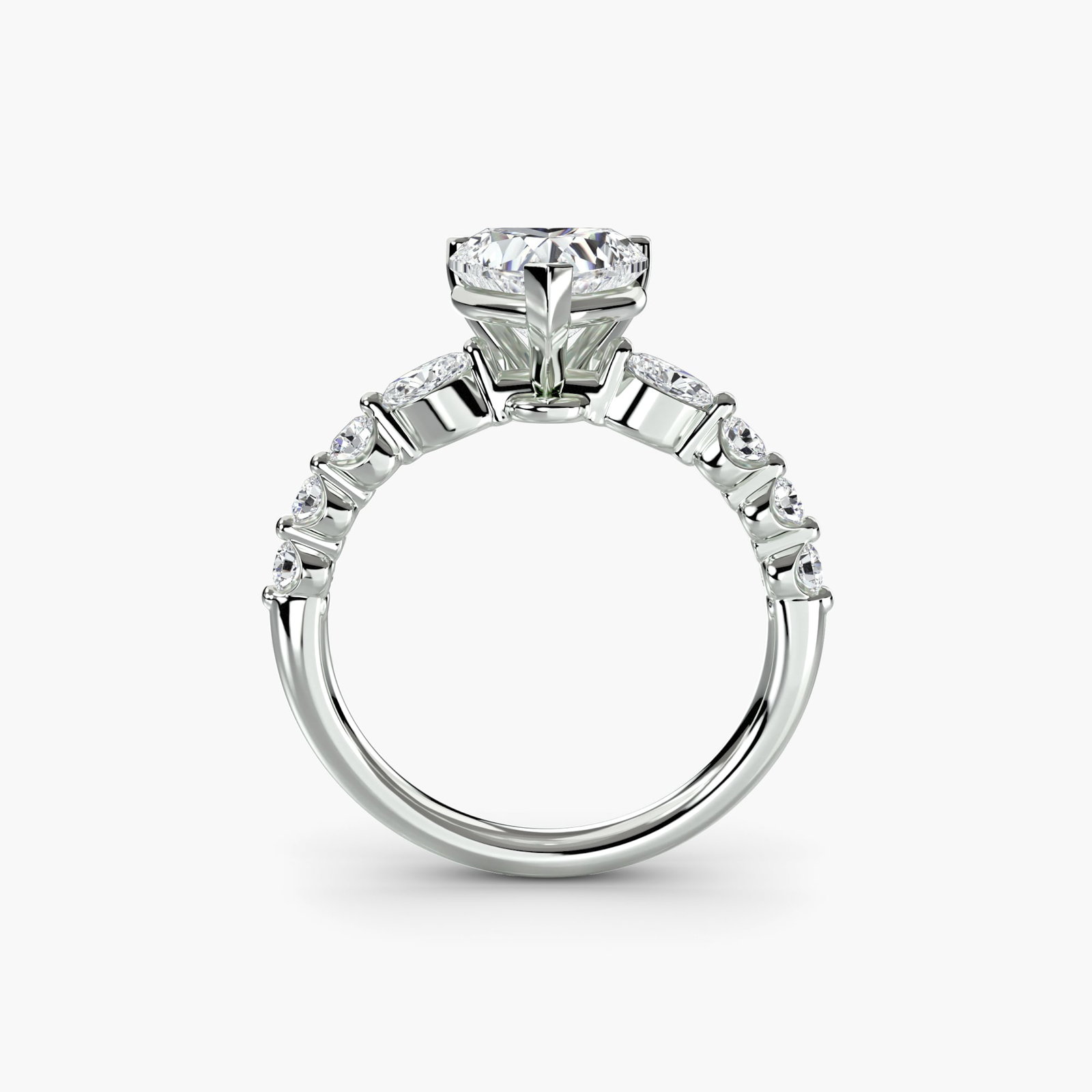 Pave Heart 18Kt White Gold Ring Setting: Pave Heart 18Kt White Gold Ring Setting Elegant and understated, this pave heart 18Kt white gold ring setting is a beautiful foundation for your next diamond centerpiece. With 8 side stones totaling 0