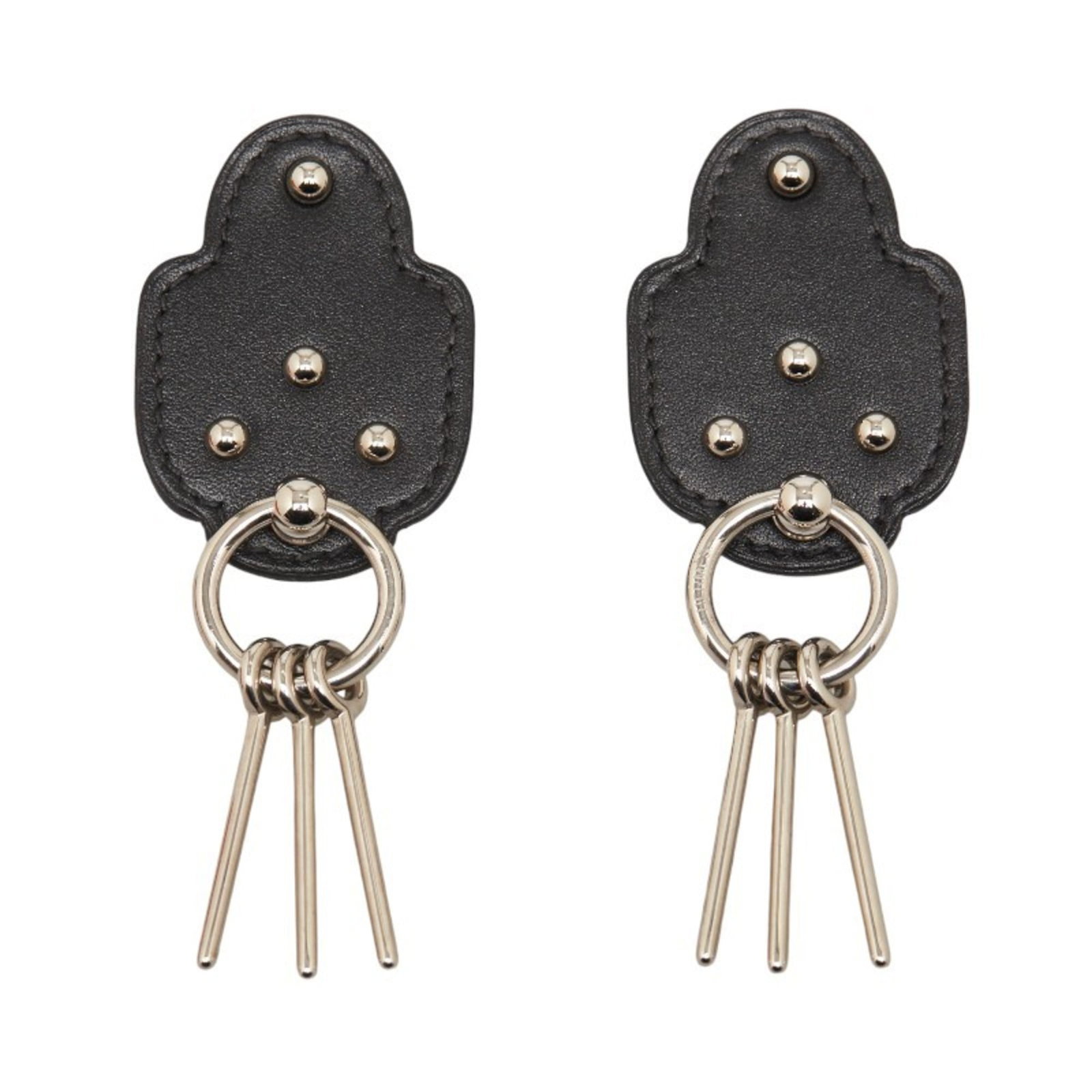 Hermes leather metal stud earrings: Hermes leather metal stud earrings Elevate your style with these luxurious Hermes leather metal stud earrings, crafted from high-quality black leather and silver metal for a sleek, sophisticated