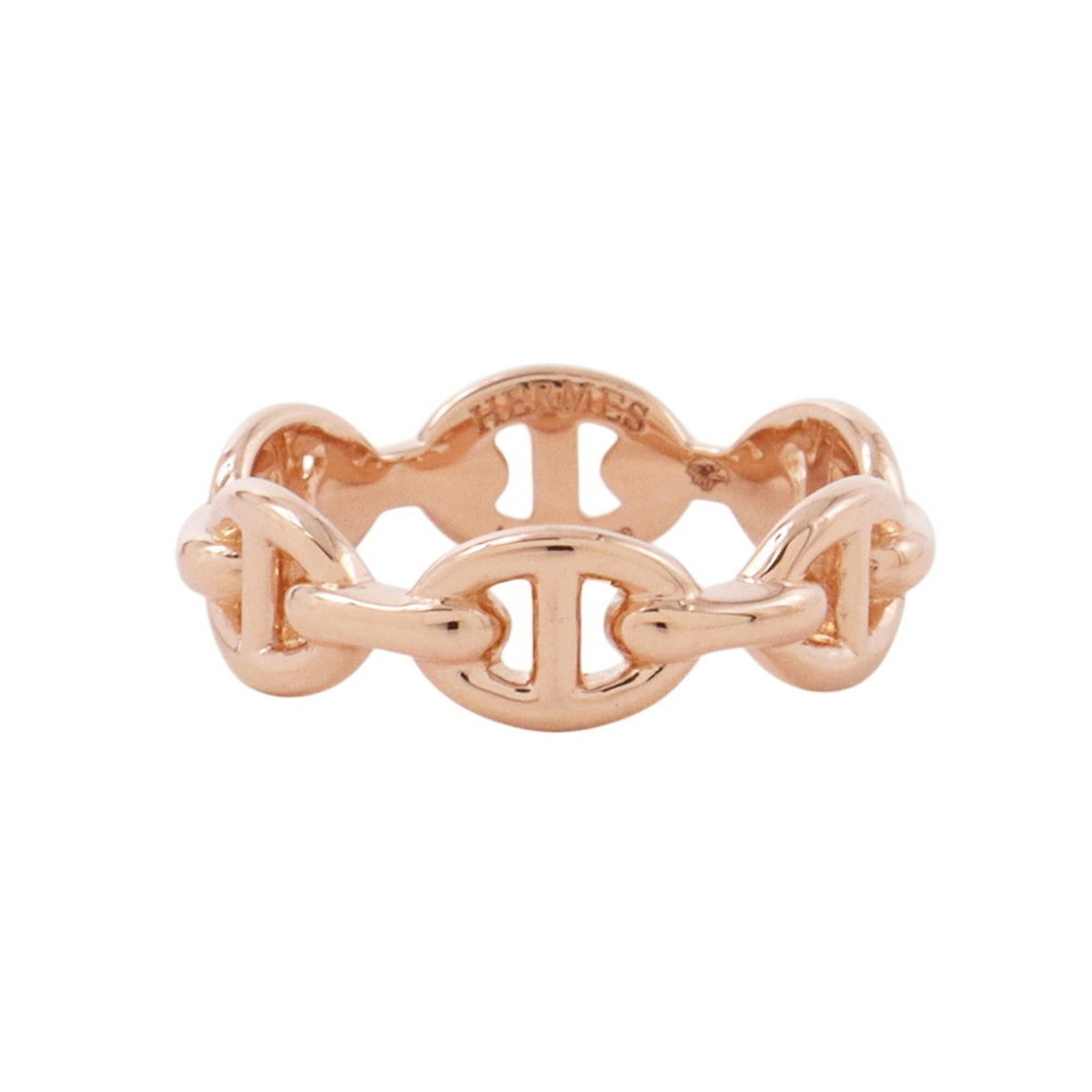 Pink Gold 18K Hermes Ring Band: Pink Gold 18K Hermes Ring Band A beautiful 18K pink gold ring band from the renowned French fashion house Hermes, crafted with attention to detail and timeless elegance. This lovely piece boasts a sub