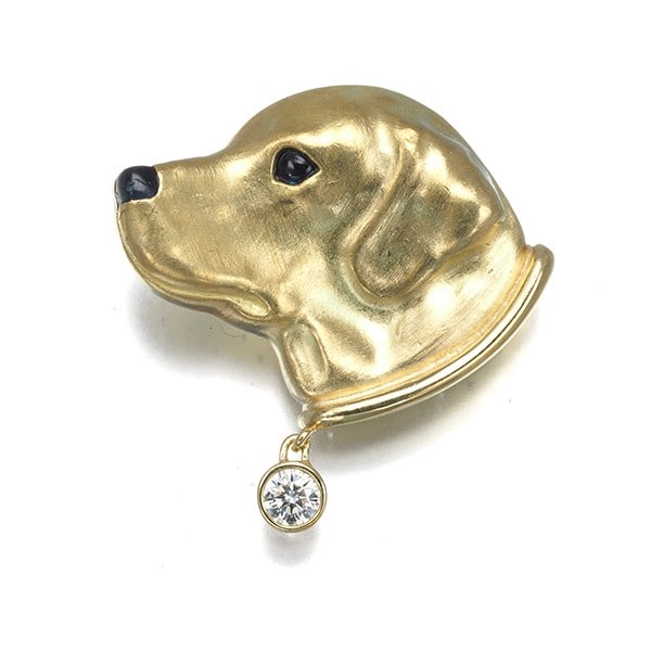 Gimel Brooch Sapphire 0.220Ct Diamond 0.068Ct Golden Retriever Dog 18K Yg (1 of 5)