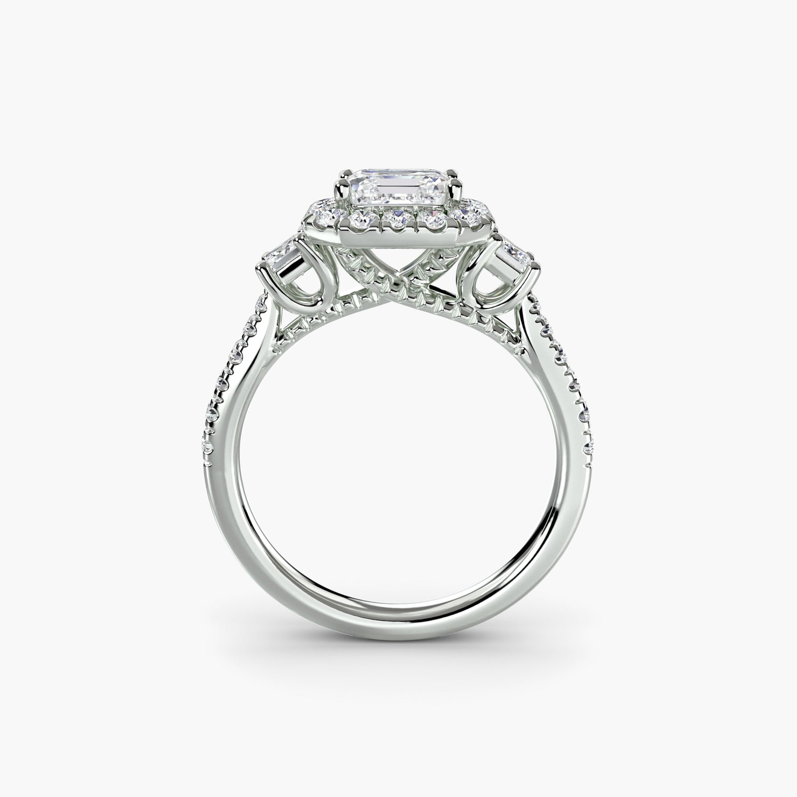 Halo Asscher 18Kt White Gold Ring Setting: Halo Asscher 18Kt White Gold Ring Setting Elegant and sophisticated, this Asscher-cut ring setting shines with 30 lab-grown side stones totaling 0.676 carats in EF/VS clarity and color. Crafted from h