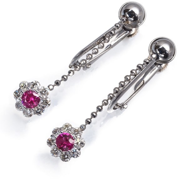 900 Platinum Ruby Diamond Flower Drop Earrings (1 of 5)