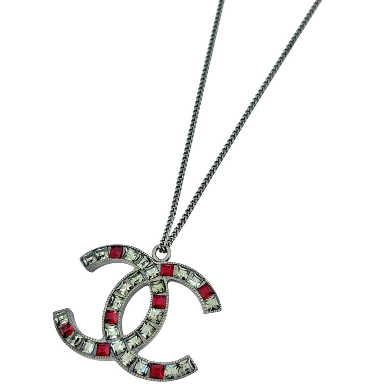 CHANEL Coco Mark Rhinestone Necklace, Silver Plated, Women's (1 of 6)