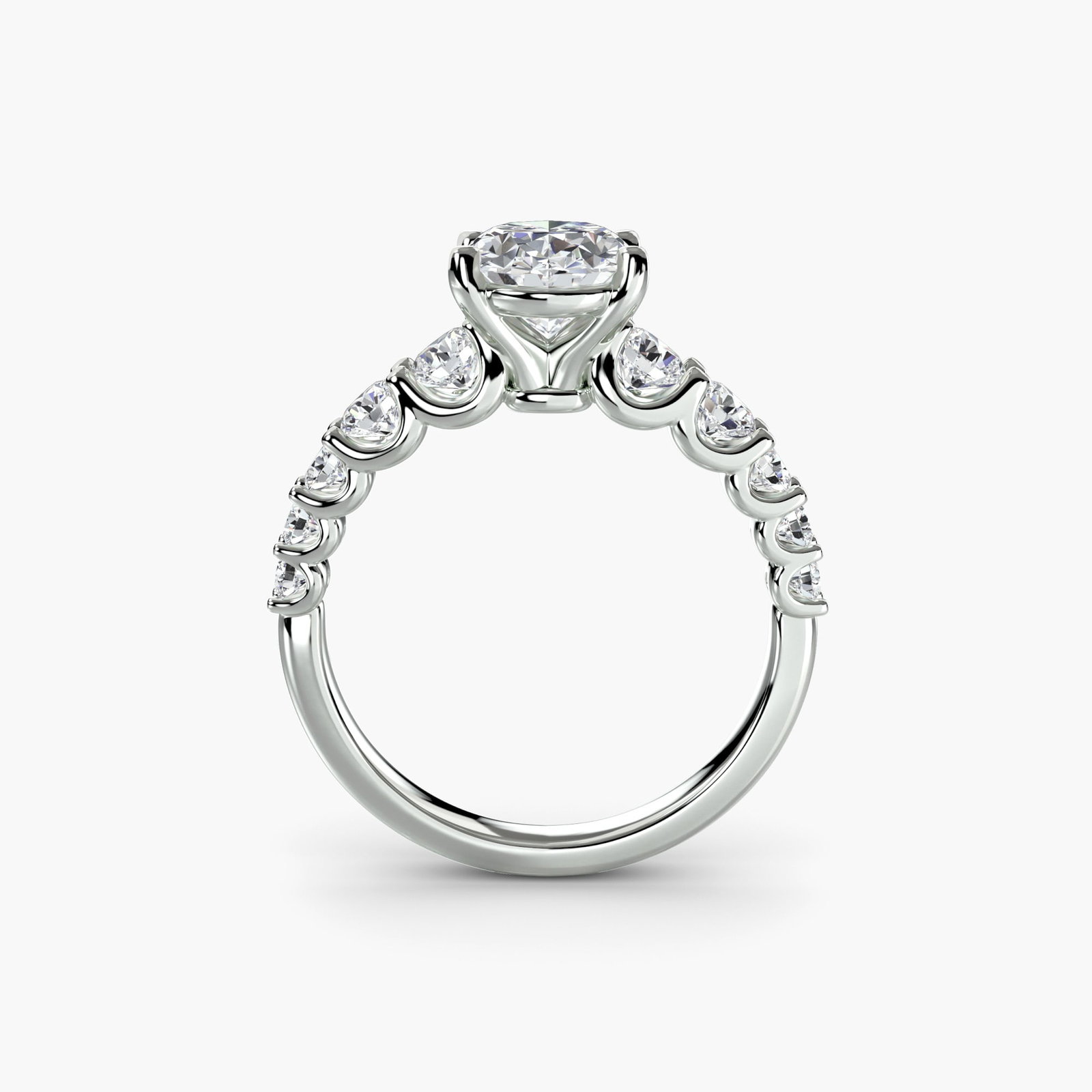 Side Stone Oval 18Kt White Gold Ring Setting: Side Stone Oval 18Kt White Gold Ring Setting Elegant oval-shaped ring setting crafted from 18Kt white gold, featuring ten side stones totaling 1.38 carats of lab-grown EF/VS color and clarity. The