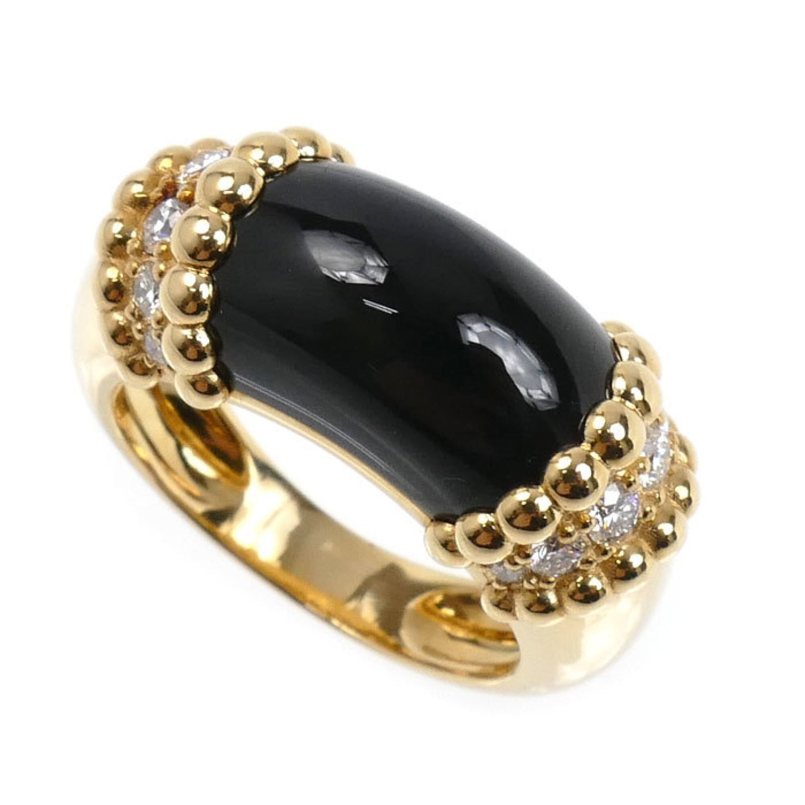 Van Cleef Arpels is a yellow gold band ring: Van Cleef Arpels is a yellow gold band ring A delicate 18K yellow gold band ring from Van Cleef & Arpels, featuring a diamond and onyx stone combination. With its sleek design and subtle details, this