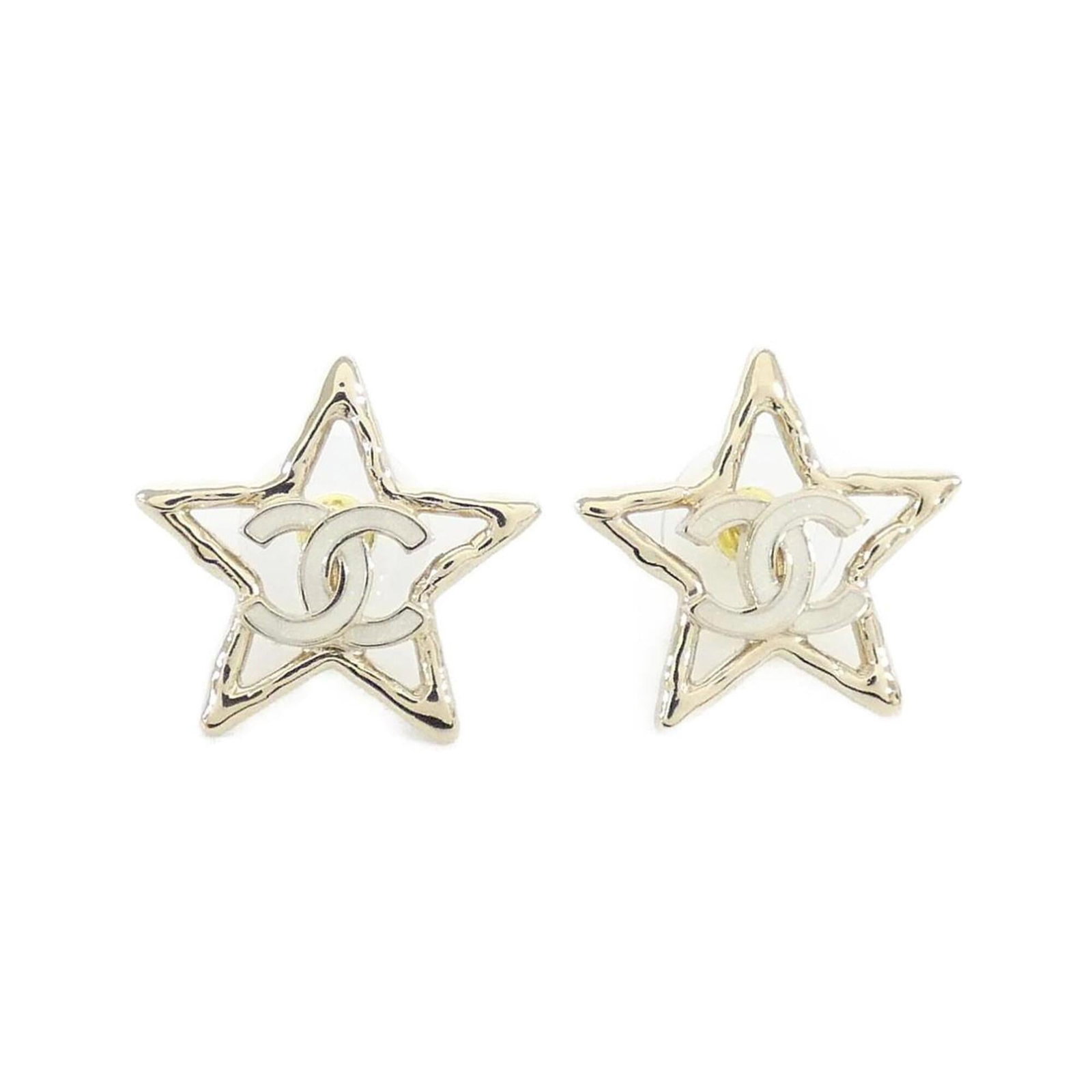 Chanel Stud Earrings: Chanel Stud Earrings Authentic Chanel stud earrings in gold and white, featuring the iconic interlocking CC motif. With their sleek design and durable construction, these earrings have been worn and l