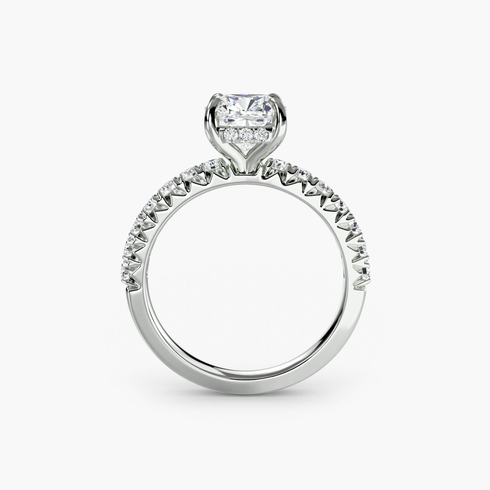 Hidden Halo Cushion 950 Platinum Ring Setting: Hidden Halo Cushion 950 Platinum Ring Setting Elevate your style with this stunning 950 Platinum Hidden Halo Cushion Ring Setting, featuring 26 lab-grown side stones totaling 0.41 carats in EF/VS