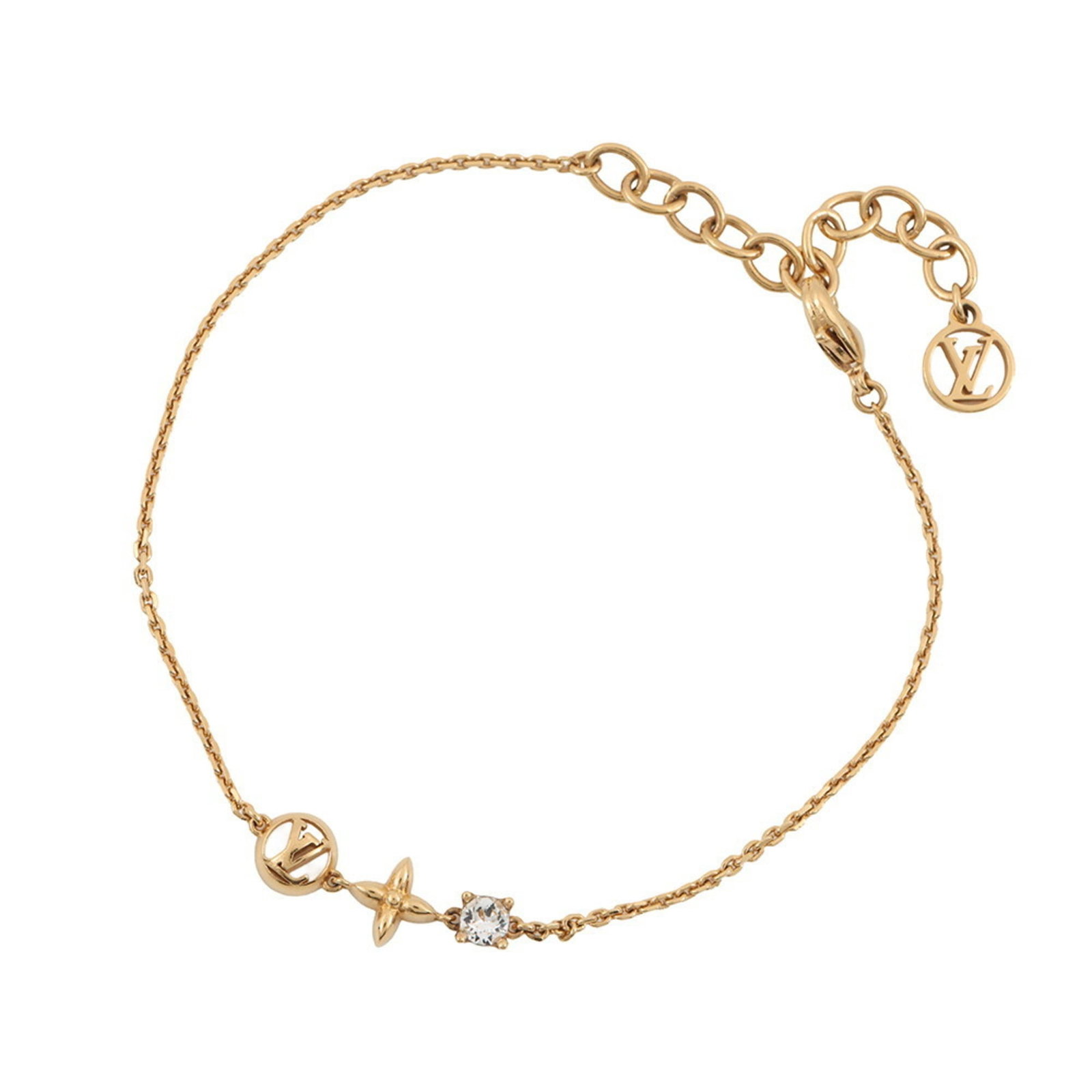 Louis Vuitton metal charm bracelet: Louis Vuitton metal charm bracelet A delicate Louis Vuitton metal charm bracelet in gold, available in two adjustable lengths (16.5cm - 19.5cm). The bracelet has some minor signs of usage, including s