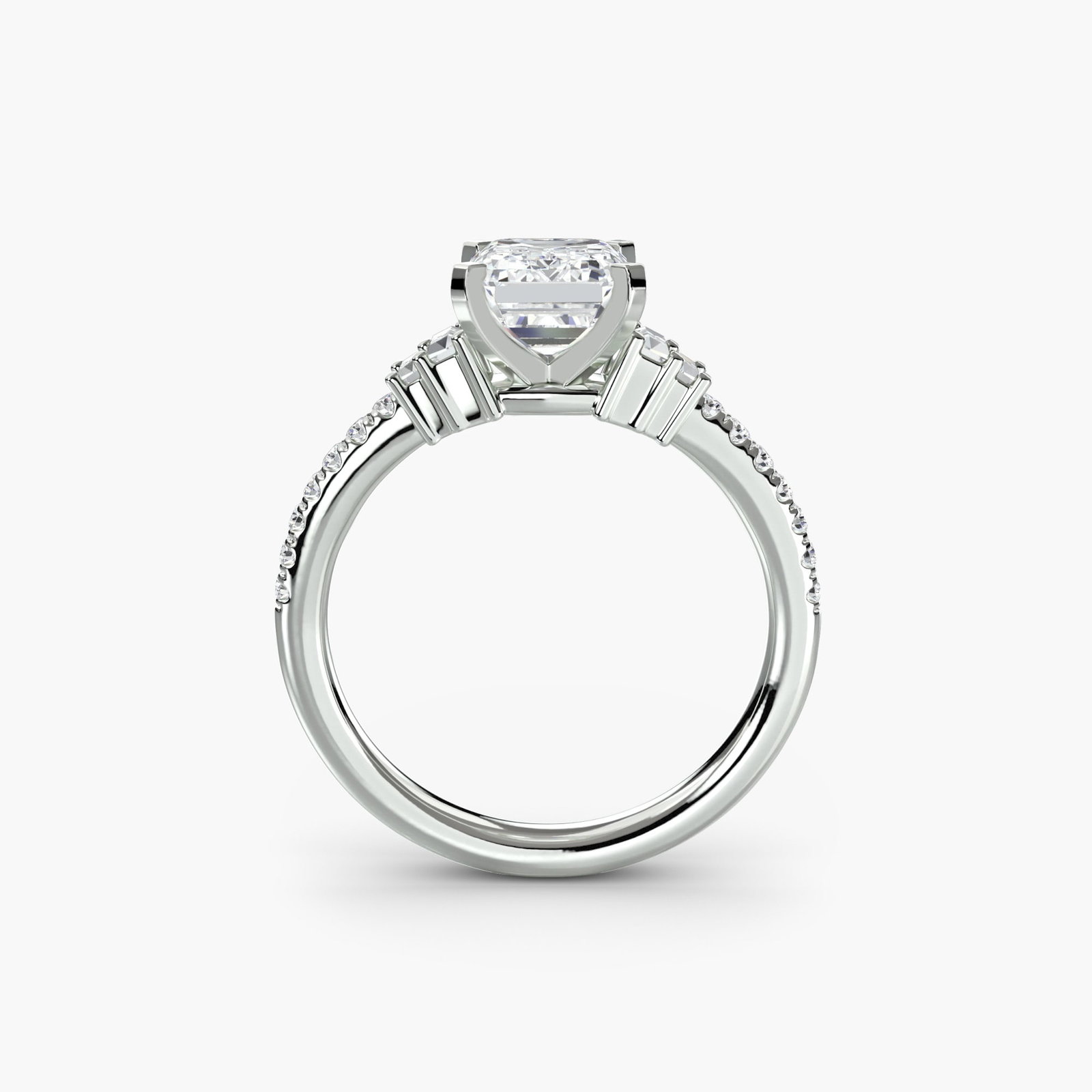 Pave Emerald 18Kt White Gold Ring Setting: Pave Emerald 18Kt White Gold Ring Setting Elegant and understated, this pave emerald 18Kt white gold ring setting showcases 18 side stones totaling 0.26 carats of lab-grown EF/VS colour and clarity. T