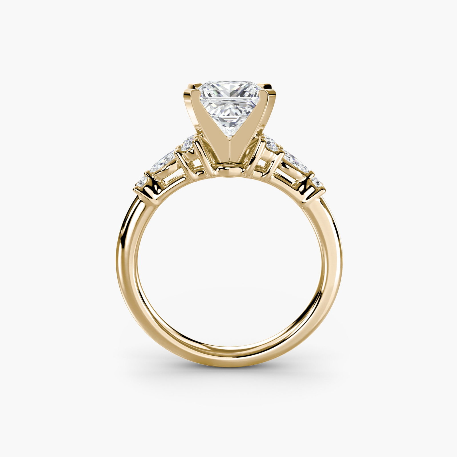 Side Stone Princess 14Kt Yellow Gold Ring Setting: Side Stone Princess 14Kt Yellow Gold Ring Setting Elevate your style with this stunning 14Kt yellow gold princess ring setting, featuring eight lab-grown side stones totaling 0.22 carats of EF/VS