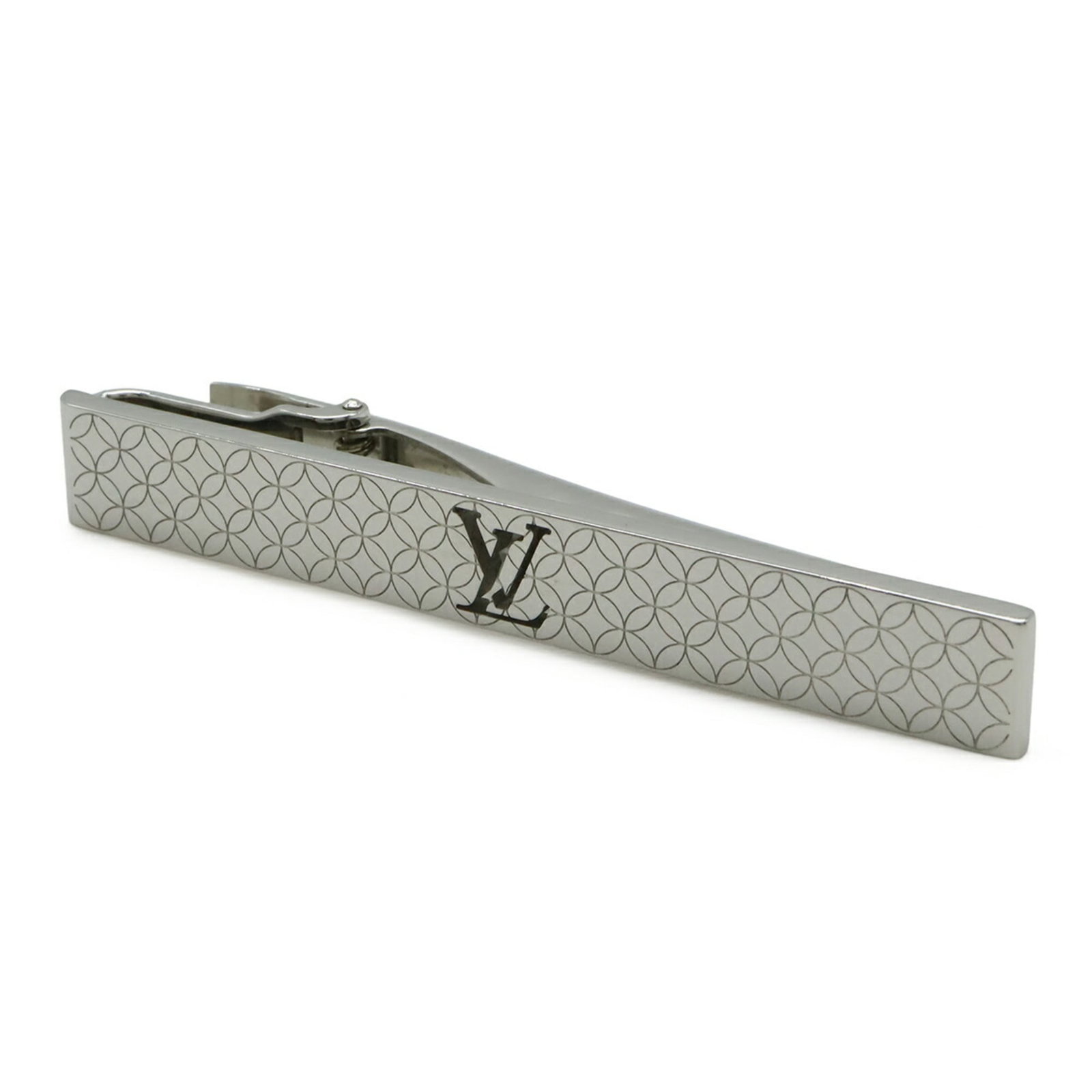 Louis Vuitton Tie Pin: Louis Vuitton Tie Pin A sleek silver tie pin from Louis Vuitton, featuring the iconic brand's signature style with subtle traces of usage and minor scratches. The pin measures 8mm in height and 60mm