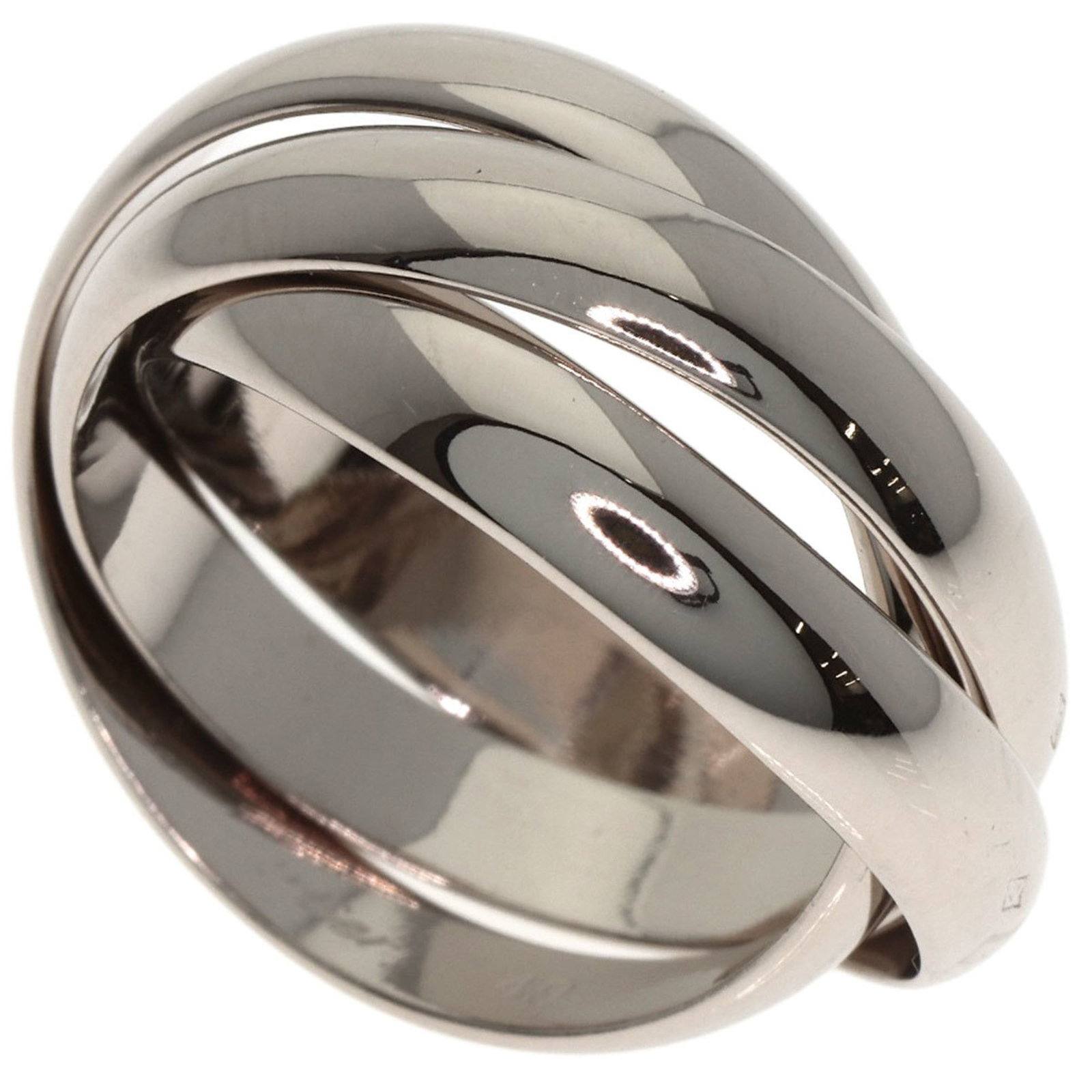 CARTIER Women's 18K White Gold Trinity #49 Ring: CARTIER Women's 18K White Gold Trinity #49 Ring A stunning Cartier women's ring in 18K white gold, featuring the iconic Trinity design (#49). With a few subtle signs of wear, this elegant piece still 