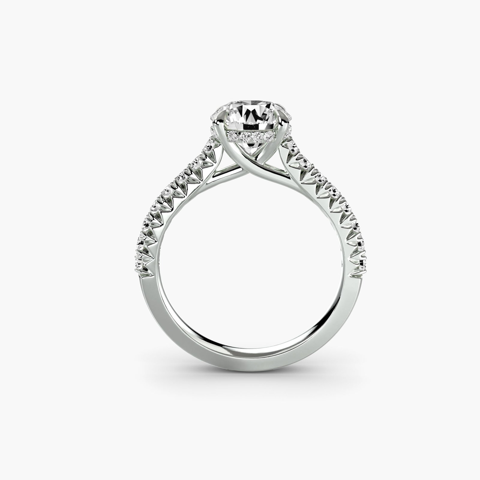 Pave Round 18Kt White Gold Ring Setting: Pave Round 18Kt White Gold Ring Setting Elegant pave design sets this 18Kt white gold ring setting apart. With 32 side stones totaling 0.281 carats, it showcases a subtle yet sophisticated sparkle.