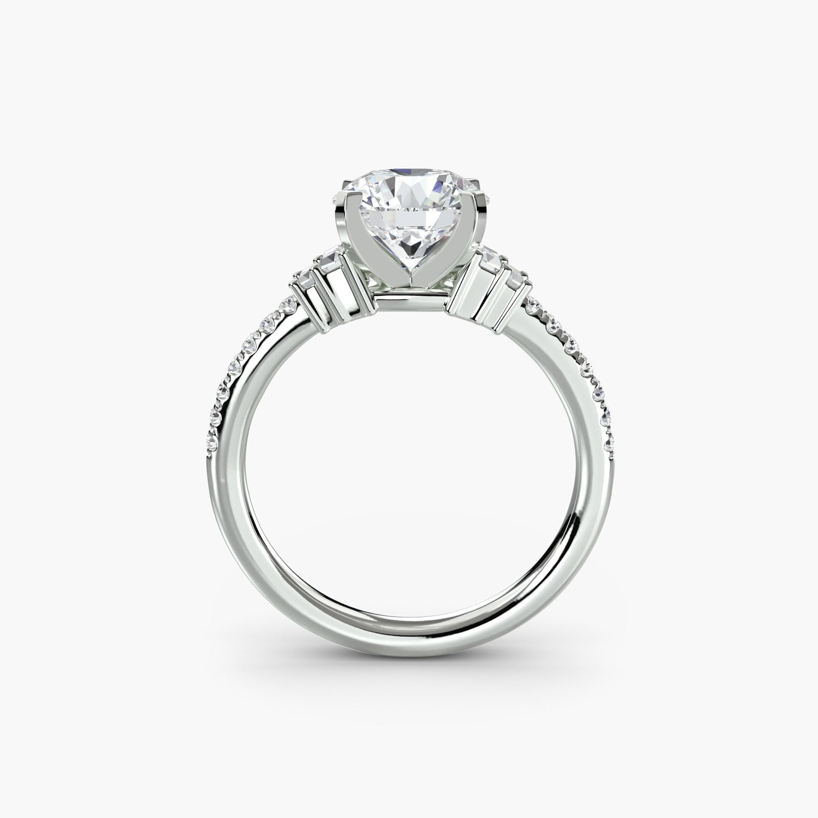 Pave Round 18Kt White Gold Ring Setting: Pave Round 18Kt White Gold Ring Setting Elevate your style with this stunning 18Kt white gold pave round ring setting, featuring 18 side stones totaling 0.26 carats of lab-grown EF/VS clarity and colo