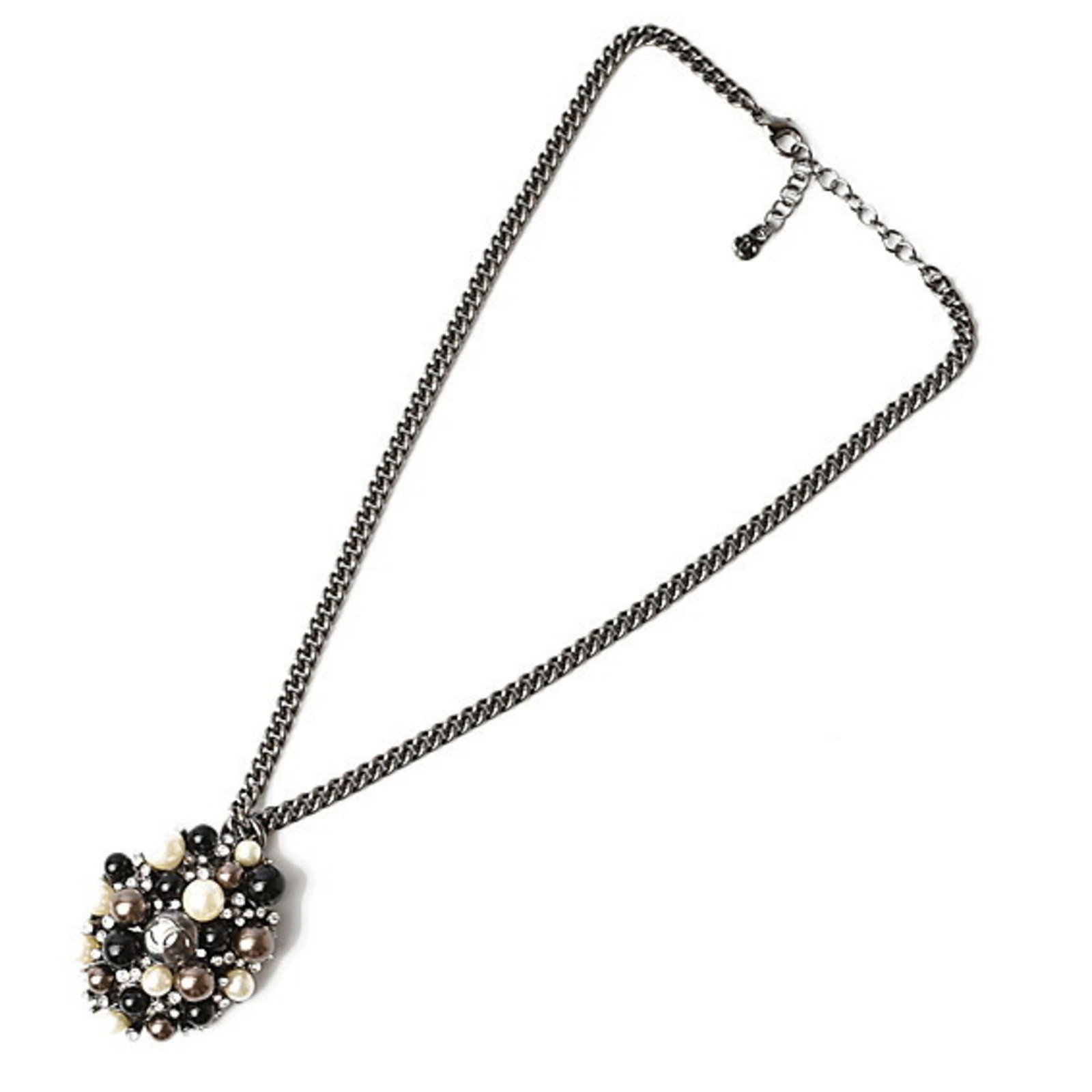 CHANEL necklace pendant CC mark rhinestone pearl black white silver: CHANEL necklace pendant CC mark rhinestone pearl black white silver A sleek and sophisticated Chanel necklace pendant, adorned with a striking CC mark and rhinestone accents, adds a touch of luxury