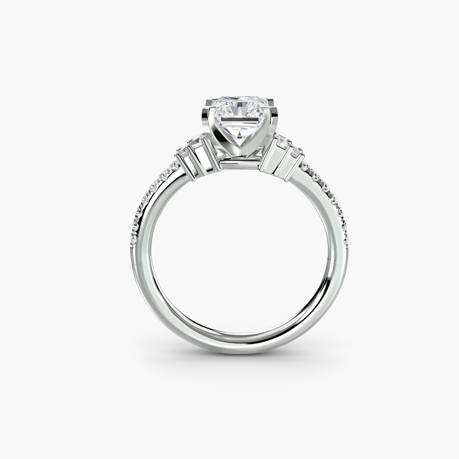 Pave Radiant 18Kt White Gold Ring Setting: Pave Radiant 18Kt White Gold Ring Setting Elegant and sophisticated, this pave radiant 18Kt white gold ring setting shines with 18 side stones totaling 0.26 carats of lab-grown EF/VS color and