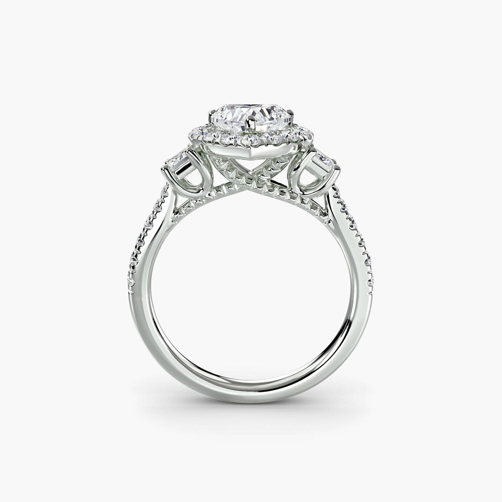 Halo Heart 950 Platinum Ring Setting: Halo Heart 950 Platinum Ring Setting Elevate your style with this stunning 950 platinum heart ring setting, featuring 28 lab-grown side stones totaling 0.766 carats in EF/VS clarity and color. The sle