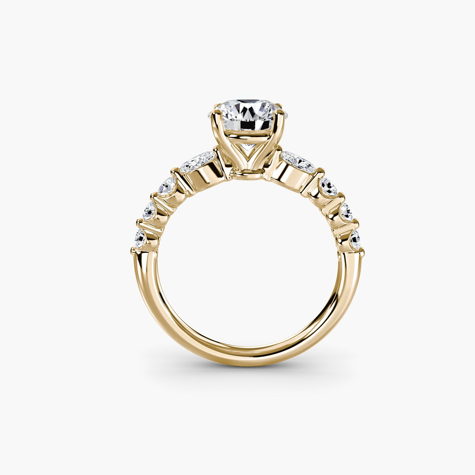 Pave Round 14Kt Yellow Gold Ring Setting: Pave Round 14Kt Yellow Gold Ring Setting Elegant and understated, this pave round 14Kt yellow gold ring setting is a masterclass in subtle sophistication. With 8 carefully placed side stones totaling 