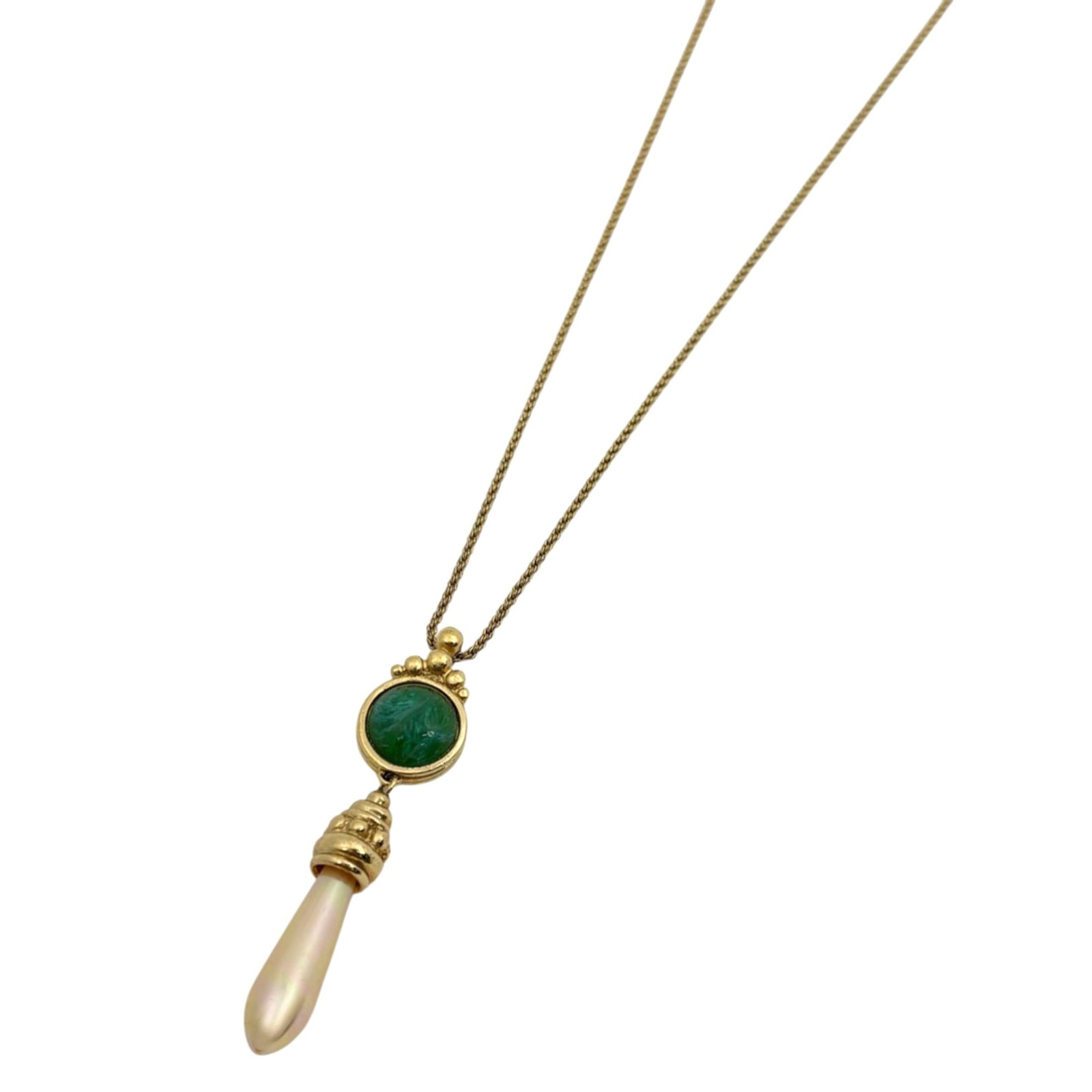 Christian Dior GP Gold Women's Faux Pearl Necklace Green Colored Stones: Christian Dior GP Gold Women's Faux Pearl Necklace Green Colored Stones A stunning Christian Dior GP Gold Faux Pearl Necklace boasts a unique green colored stone pendant, adding an eye-catching touch