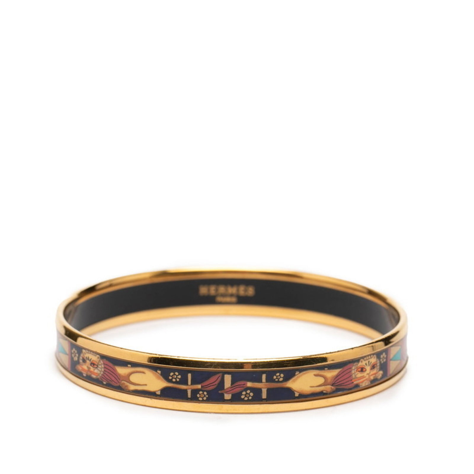 Hermes Bangle Gold Plating: Hermes Bangle Gold Plating A statement gold plated bangle from iconic luxury brand Hermes, featuring a multi-color design that adds visual interest to any outfit. With its 19cm length and worn-in