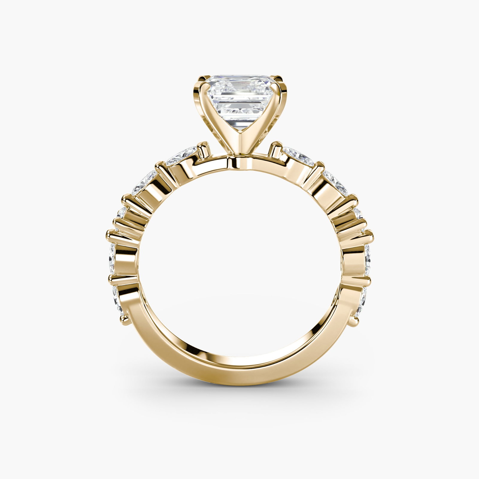 Pave Asscher 18Kt Yellow Gold Ring Setting: Pave Asscher 18Kt Yellow Gold Ring Setting Elegant and understated, this 18Kt Yellow Gold Asscher ring setting is adorned with 10 pave stones, totaling 0.32 carats of lab-grown sparkle. The ring's