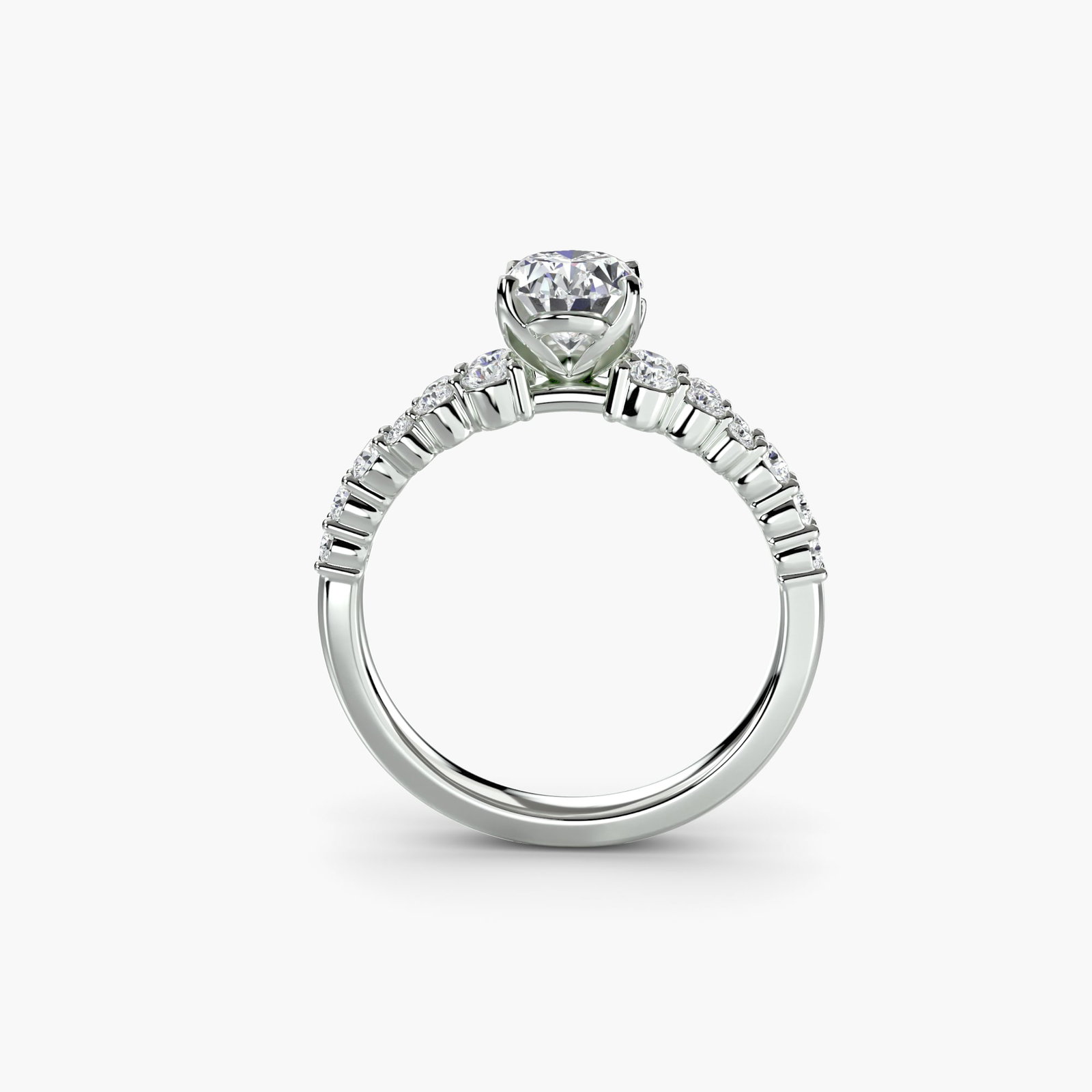 Side Stone Oval 18Kt White Gold Ring Setting: Side Stone Oval 18Kt White Gold Ring Setting Elegant oval shape and 24 side stones create a stunning visual effect in this 18Kt white gold ring setting, showcasing a total of 0.485 carats of