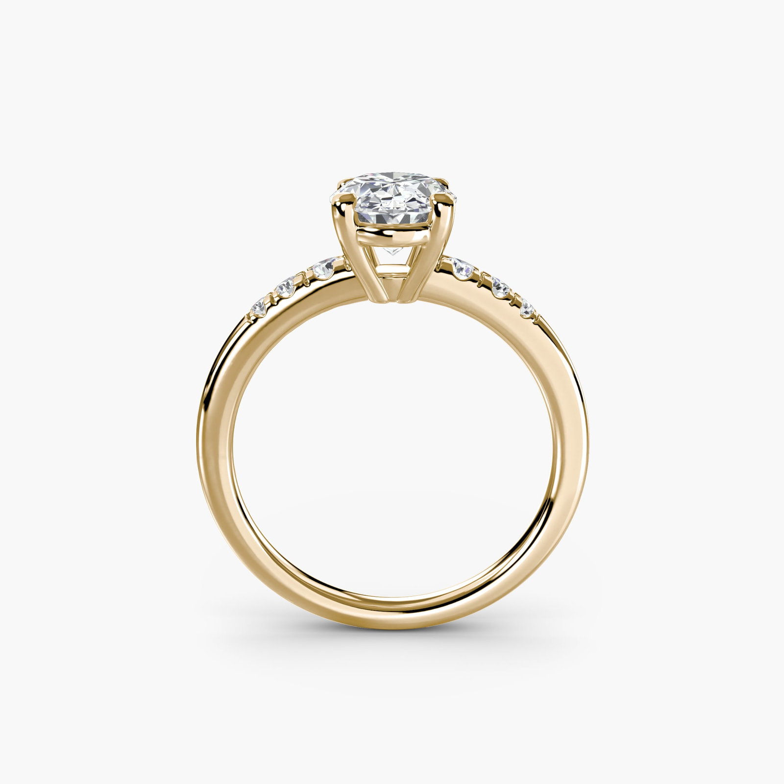 Solitaire Oval 18Kt Yellow Gold Ring Setting: Solitaire Oval 18Kt Yellow Gold Ring Setting Elegant simplicity is at the heart of this 18Kt Yellow Gold Oval Ring Setting. With its slender 2mm band and six lab-grown side stones, this setting