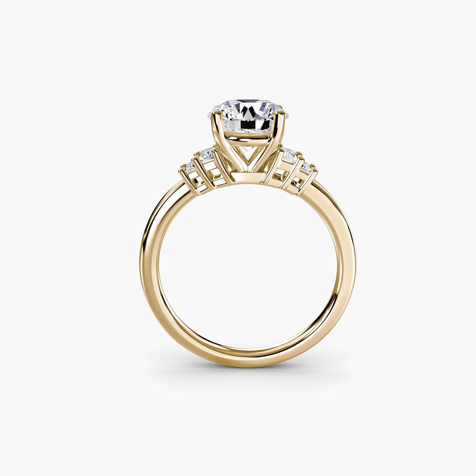 Solitaire Round 18Kt Yellow Gold Ring Setting: Solitaire Round 18Kt Yellow Gold Ring Setting Elegant simplicity is at the heart of this 18Kt yellow gold solitaire round ring setting, featuring four lab-grown side stones totaling 0.17 carats in EF/