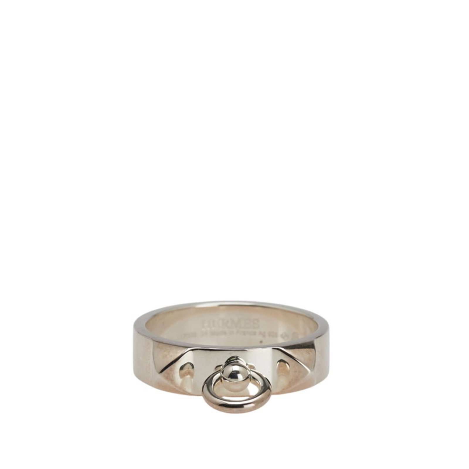 Silver band ring from Hermes.: Silver band ring from Hermes. A sleek and sophisticated silver band ring from renowned luxury brand Hermes, this 925 sterling silver piece boasts a slender profile of 4.9mm width and weighs just