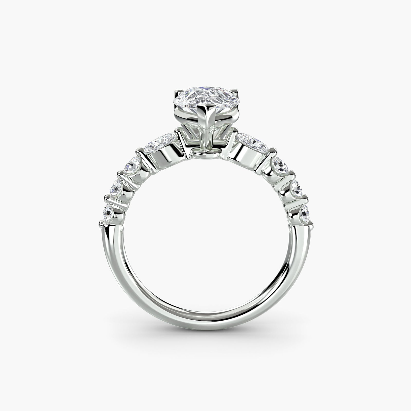 Pave Pear 18Kt White Gold Ring Setting: Pave Pear 18Kt White Gold Ring Setting Elegant and understated, this 18Kt white gold pave pear ring setting is a masterclass in subtle sophistication. With its delicate band width of 2.3mm and intrica