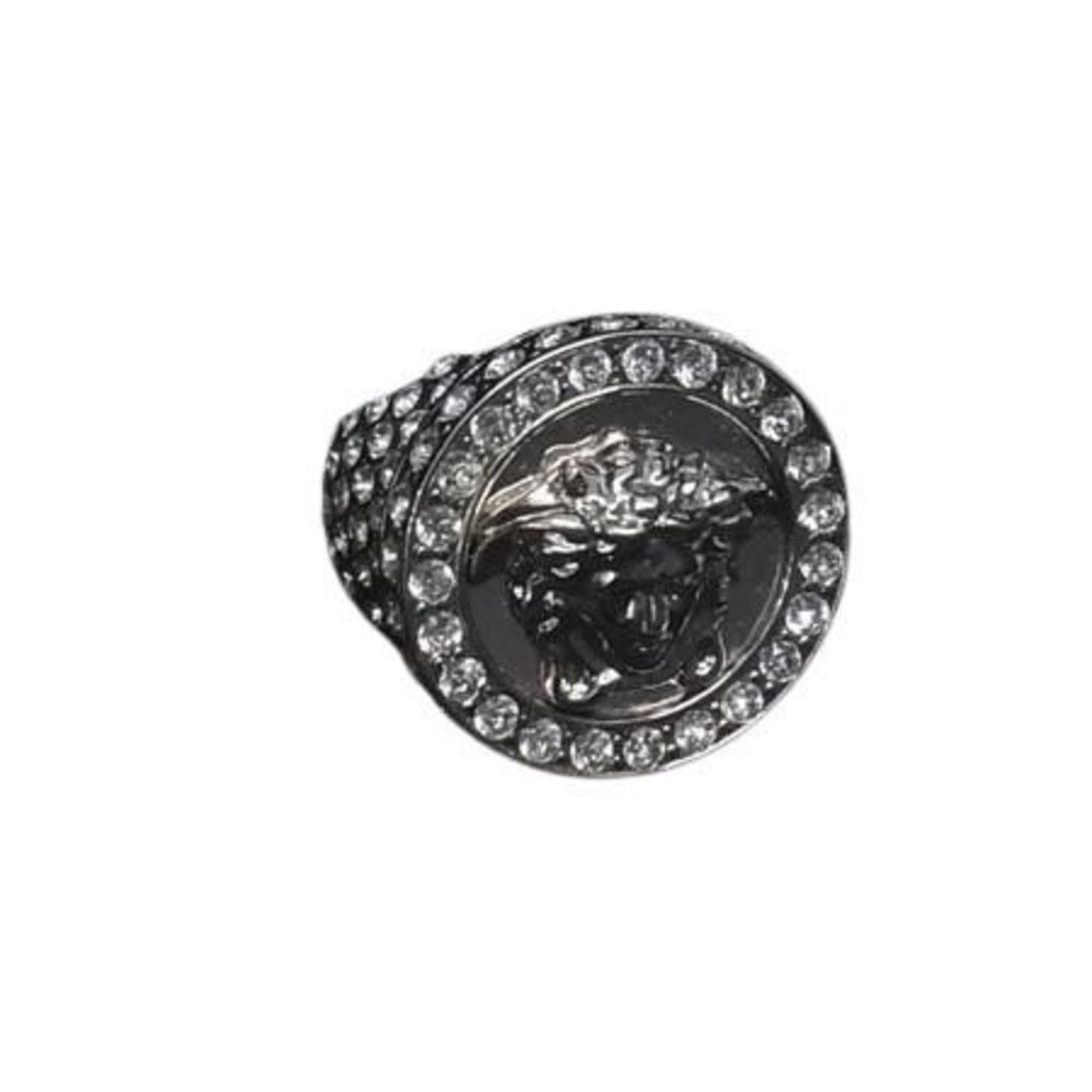 Versace metal band ring: Versace metal band ring A statement piece from Versace, this metal band ring boasts a striking rhinestone design that adds a touch of glamour to any outfit. With some signs of wear and tear, it still