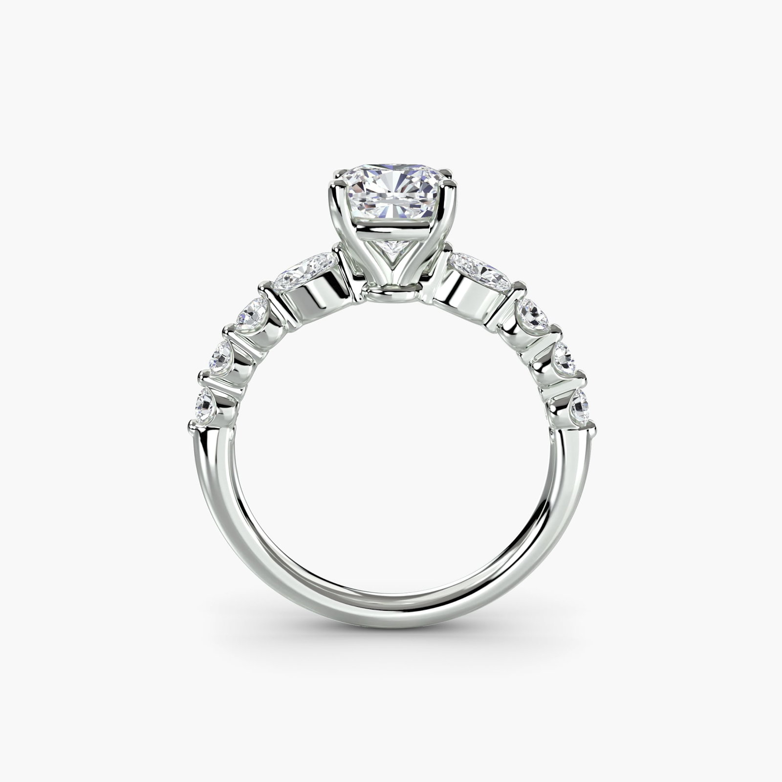Pave Cushion 18Kt White Gold Ring Setting: Pave Cushion 18Kt White Gold Ring Setting Elegant and understated, this 18Kt White Gold Cushion Ring Setting is adorned with eight lab-grown side stones totaling 0.29 carats of EF/VS clarity and color