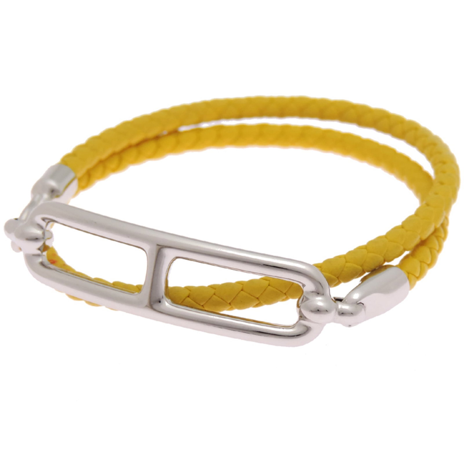 Hermes Leather Metal Charm Bracelet: Hermes Leather Metal Charm Bracelet A unique and stylish accessory for everyday wear, this Hermes leather metal charm bracelet boasts a classic yellow hue paired with silver accents, adding a touch