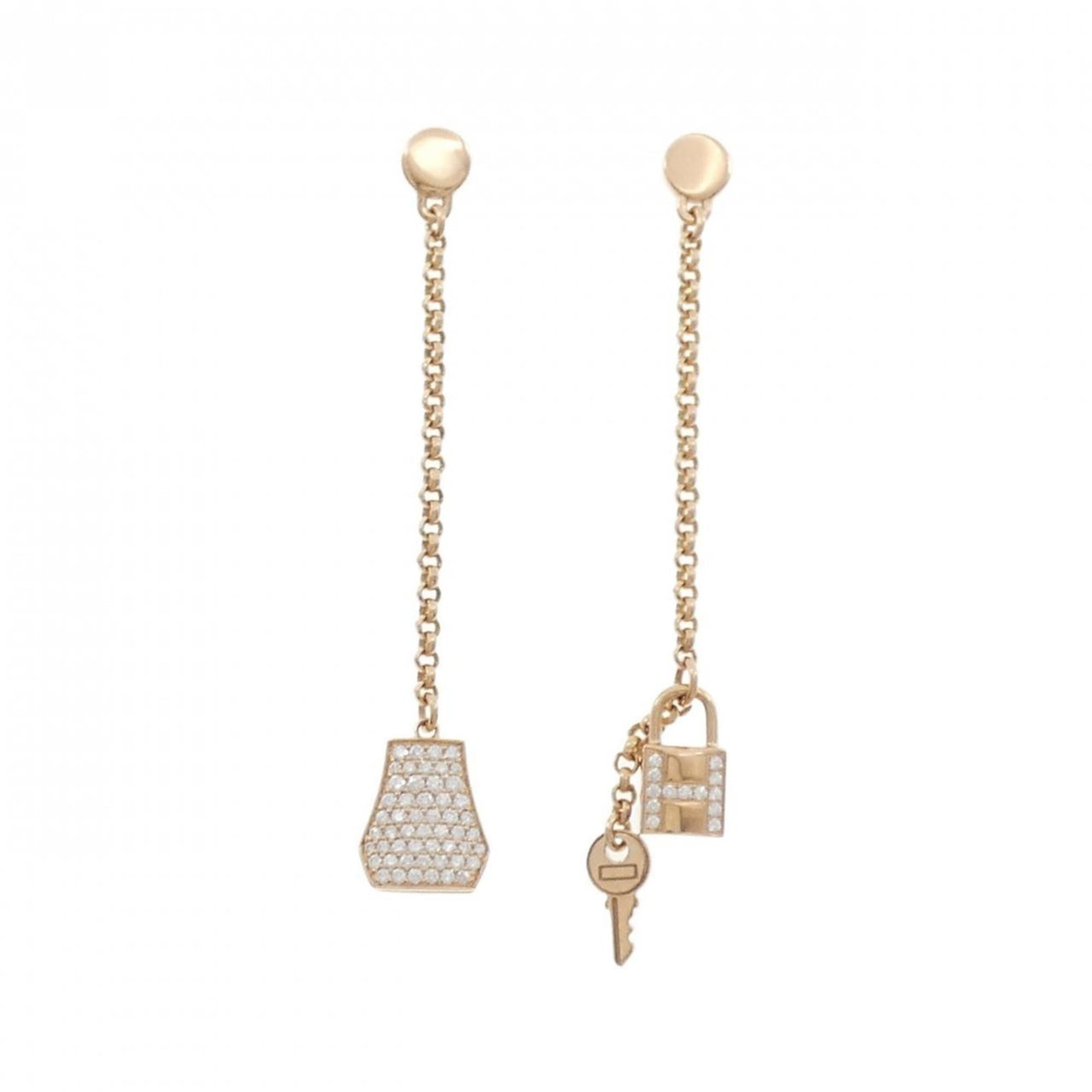 Hermes pink gold drop earrings.: Hermes pink gold drop earrings. Elevate your style with these exquisite Hermes pink gold drop earrings, featuring 18K pink gold and a stunning diamond stone set against a delicate backdrop. With
