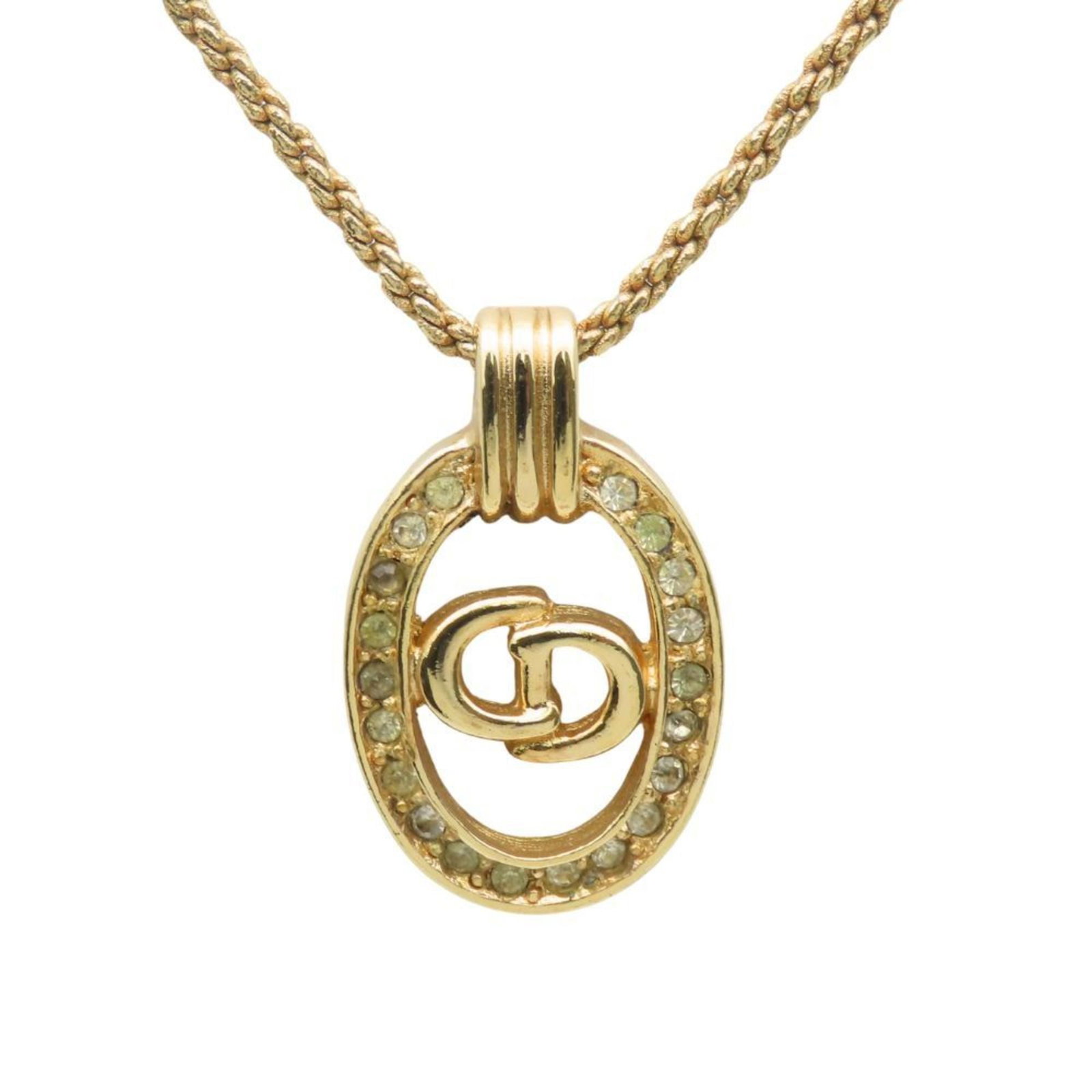 Christian Dior necklace, metal, rhinestones, gold, plated, CD logo, women's.: Christian Dior necklace, metal, rhinestones, gold, plated, CD logo, women's. Elevate your style with this stunning Christian Dior necklace, featuring the iconic CD logo in gold-plated metal adorned