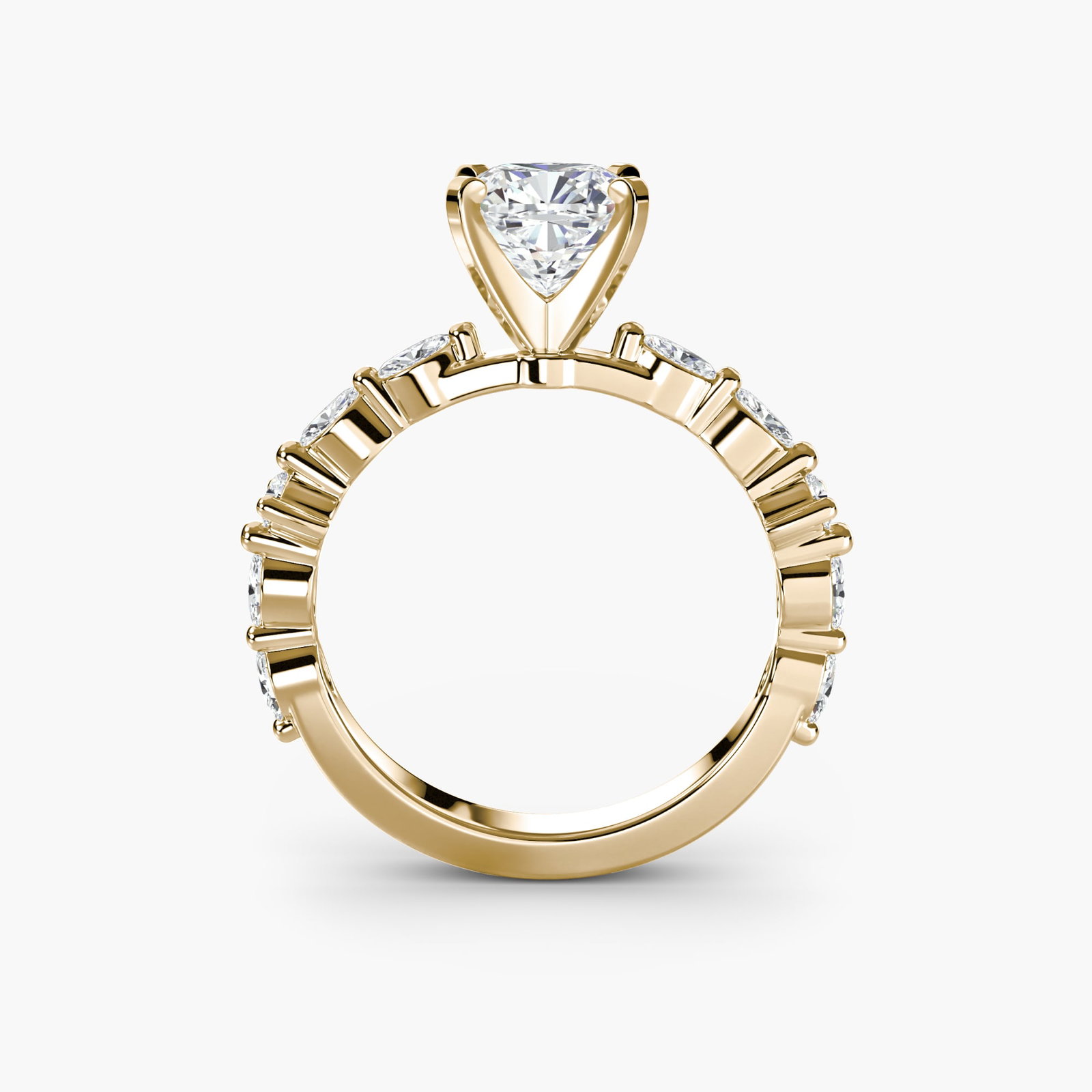 Pave Cushion 18Kt Yellow Gold Ring Setting: Pave Cushion 18Kt Yellow Gold Ring Setting Elevate your style with this stunning 18Kt Yellow Gold Pave Cushion Ring Setting, boasting 10 lab-grown side stones totaling 0.32 carats in EF/VS clarity