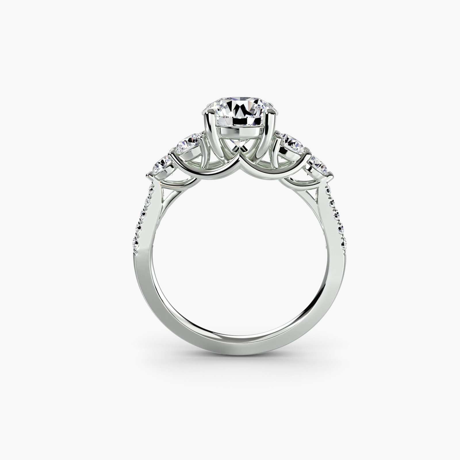 Pave Round 18Kt White Gold Ring Setting: Pave Round 18Kt White Gold Ring Setting Elegant and understated, this pave round 18Kt white gold ring setting is adorned with 14 side stones totaling 0.495 carats of lab-grown EF/VS color and