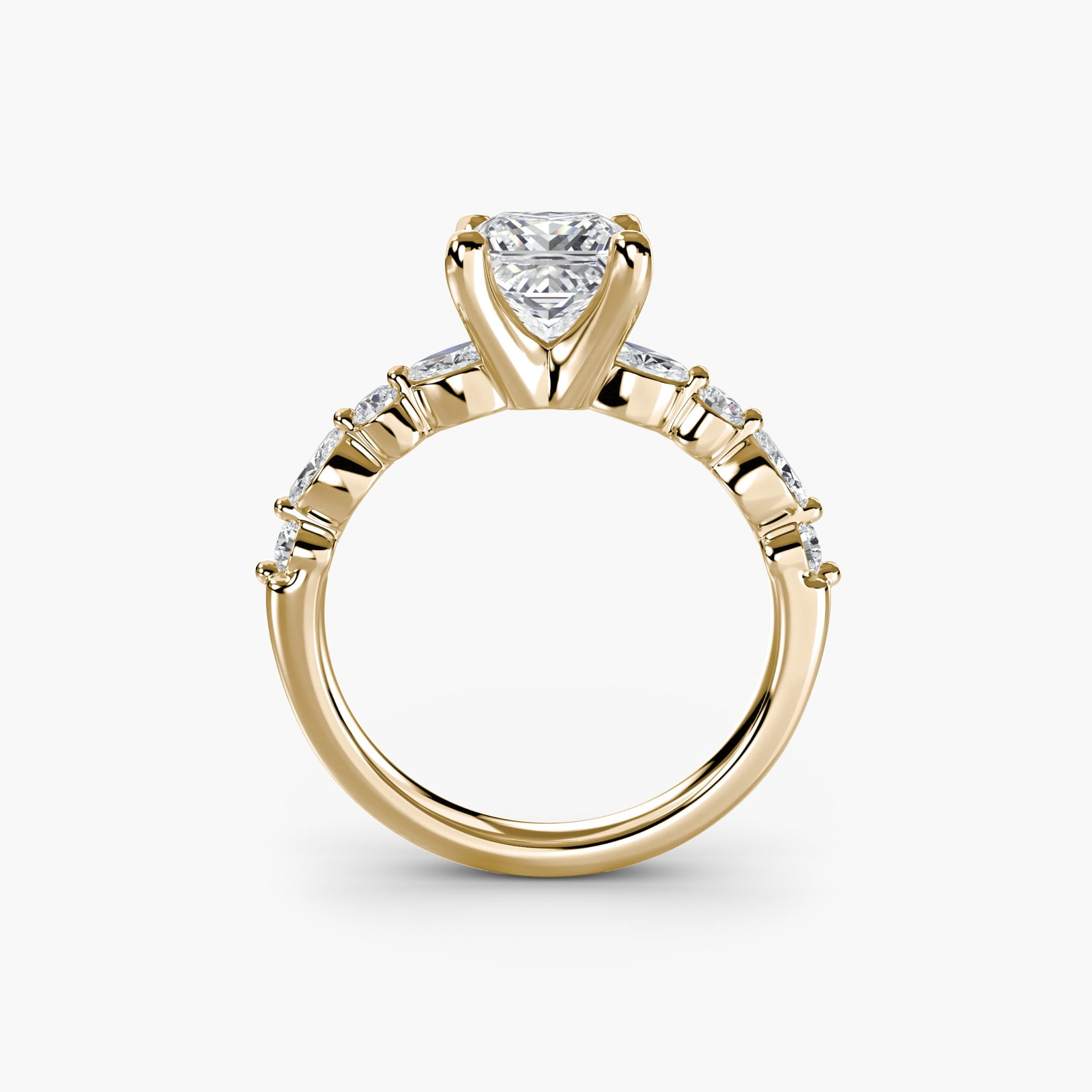 Pave Princess 18Kt Yellow Gold Ring Setting: Pave Princess 18Kt Yellow Gold Ring Setting Elegant and understated, this 18Kt Yellow Gold Pave Princess ring setting is adorned with 8 lab-grown side stones totaling 0.35 carats of EF/VS clarity.