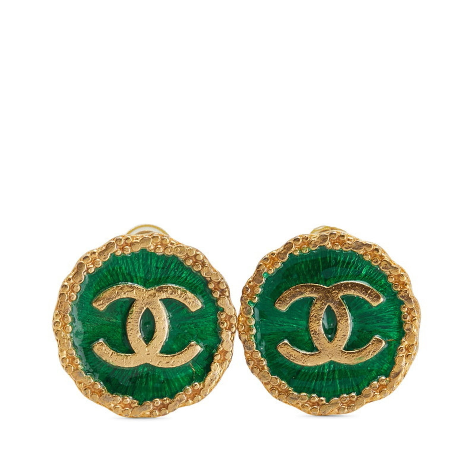 Earrings by Chanel: Earrings by Chanel Elegant gold clip earrings from Chanel, featuring a subtle green hue that adds a touch of sophistication to any outfit. With their classic design and vintage charm, these earrings