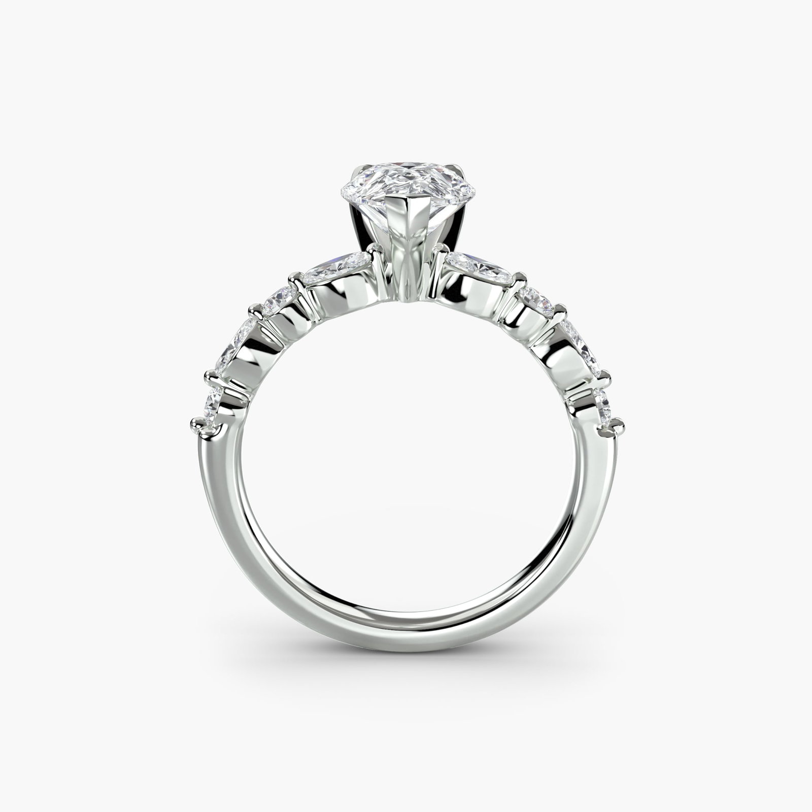 Pave Pear 950 Platinum Ring Setting: Pave Pear 950 Platinum Ring Setting Elevate your style with this stunning 950 platinum pave pear ring setting, featuring 8 lab-grown side stones totaling 0.35 carats in EF/VS clarity and color. The