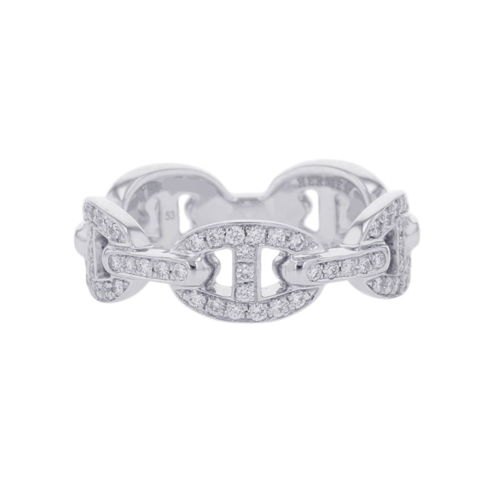 Hermes ring band: Hermes ring band A stunning 18K white gold diamond ring band from Hermes, featuring a 0.54 carat diamond set in a sleek and modern design. With its 6.5mm width and US size 6.5, this band is perfect fo
