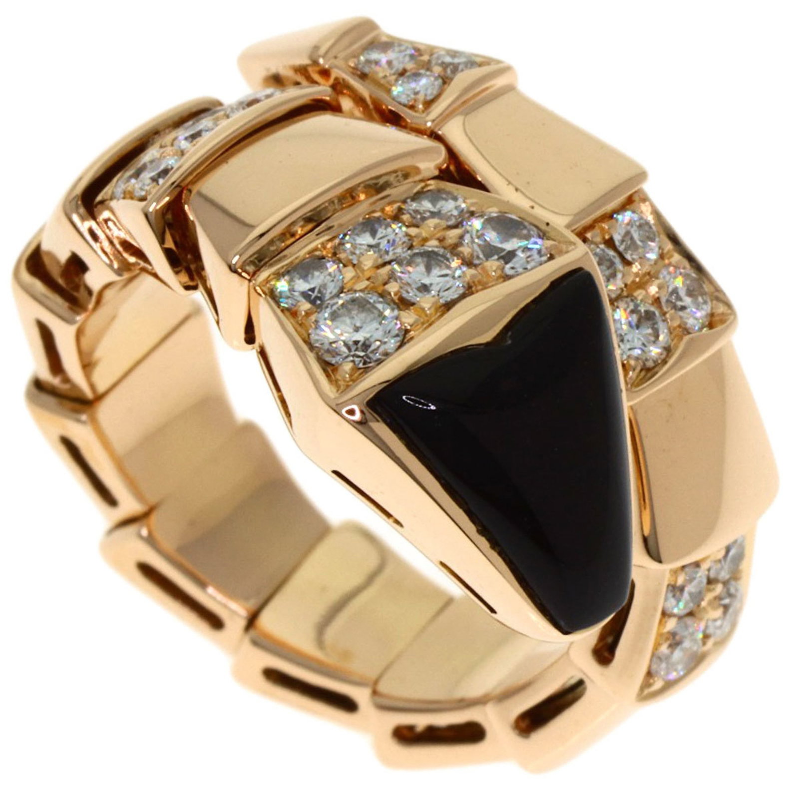 Bvlgari pink gold band ring.: Bvlgari pink gold band ring. A delicate Bvlgari pink gold band ring adds a touch of elegance to any outfit. Featuring a diamond and onyx stone, this 18K pink gold ring is crafted with intricate detail