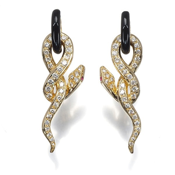 Carrera 18K 750 yellow gold diamond onyx ruby snake earrings. (1 of 6)