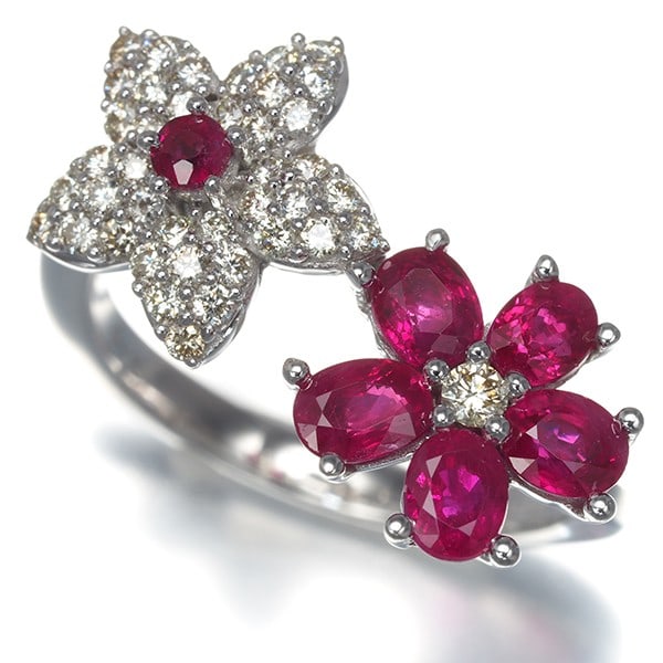 Gstv Ring Ruby 0.90Ct Diamond 0.33Ct Flower Us6-6.25 18K 750 White Gold (1 of 5)