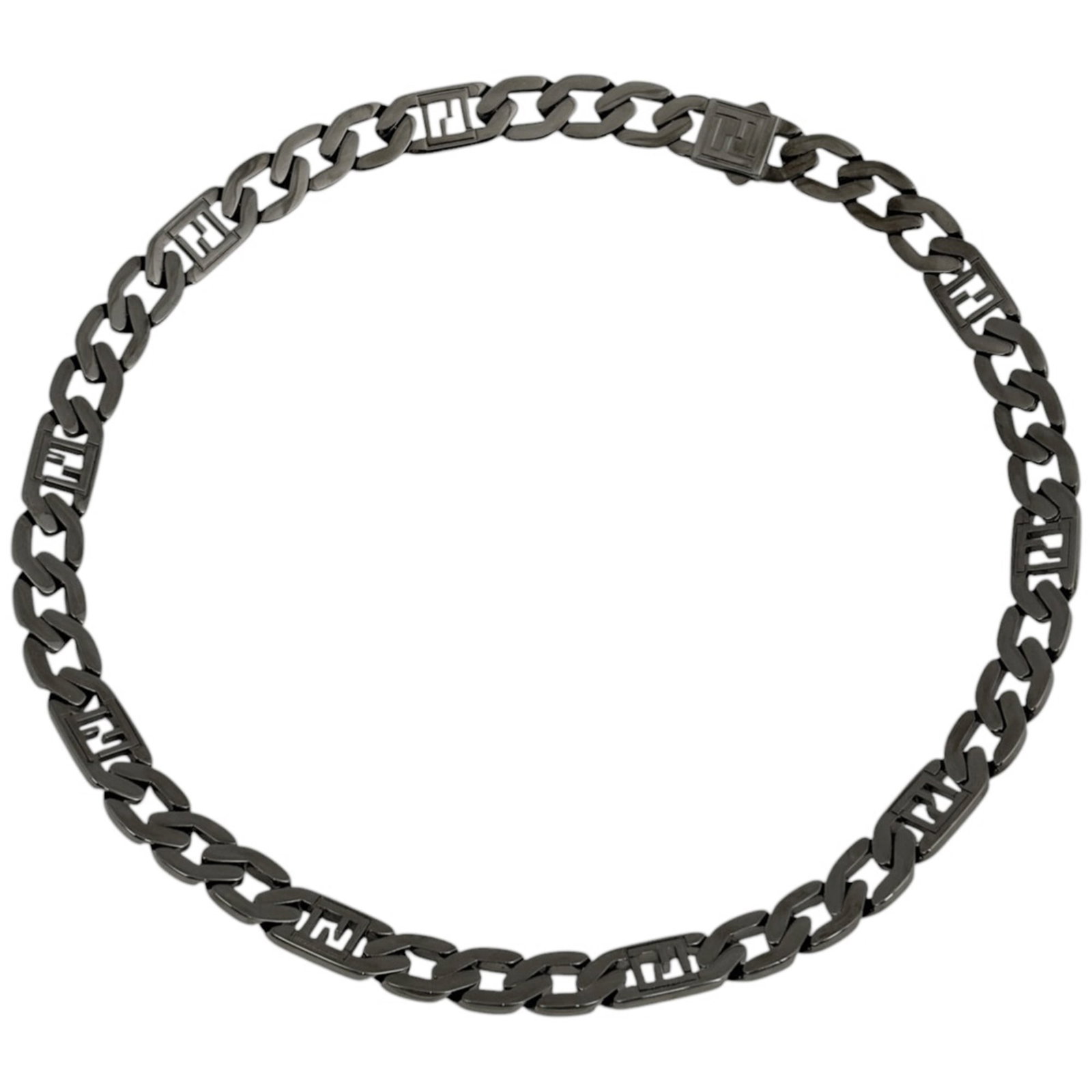 Fendi Women's Black Ruthenium Metal Zucca Chain Necklace: Fendi Women's Black Ruthenium Metal Zucca Chain Necklace Elevate your evening look with this sleek Fendi black ruthenium metal Zucca chain necklace. The 53cm chain circumference provides a versatile