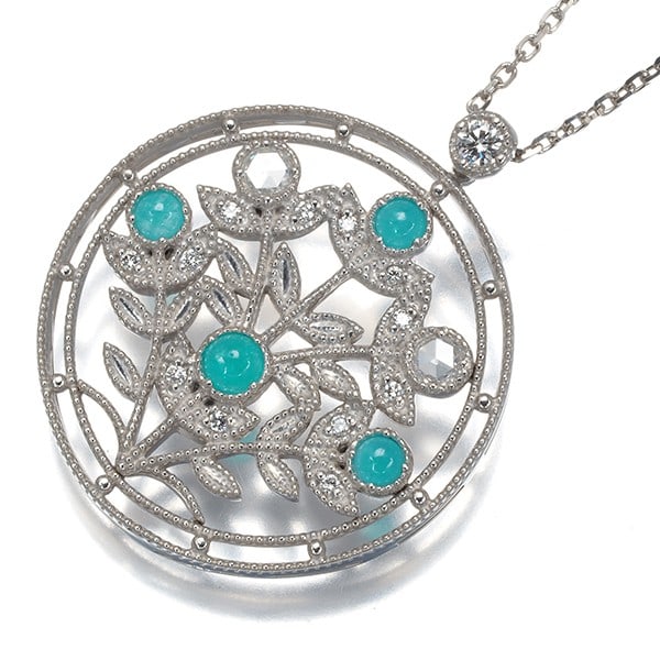 Paraiba Tourmaline 0.35Ct Diamond 0.22Ct Rose-Cut Milgrain Necklace 18K Wg: Paraiba Tourmaline 0.35Ct Diamond 0.22Ct Rose-Cut Milgrain Necklace 18K Wg A stunning 0.35ct Paraiba Tourmaline pendant is paired with a 0.22ct rose-cut diamond in an elegant 18k white gold necklace,