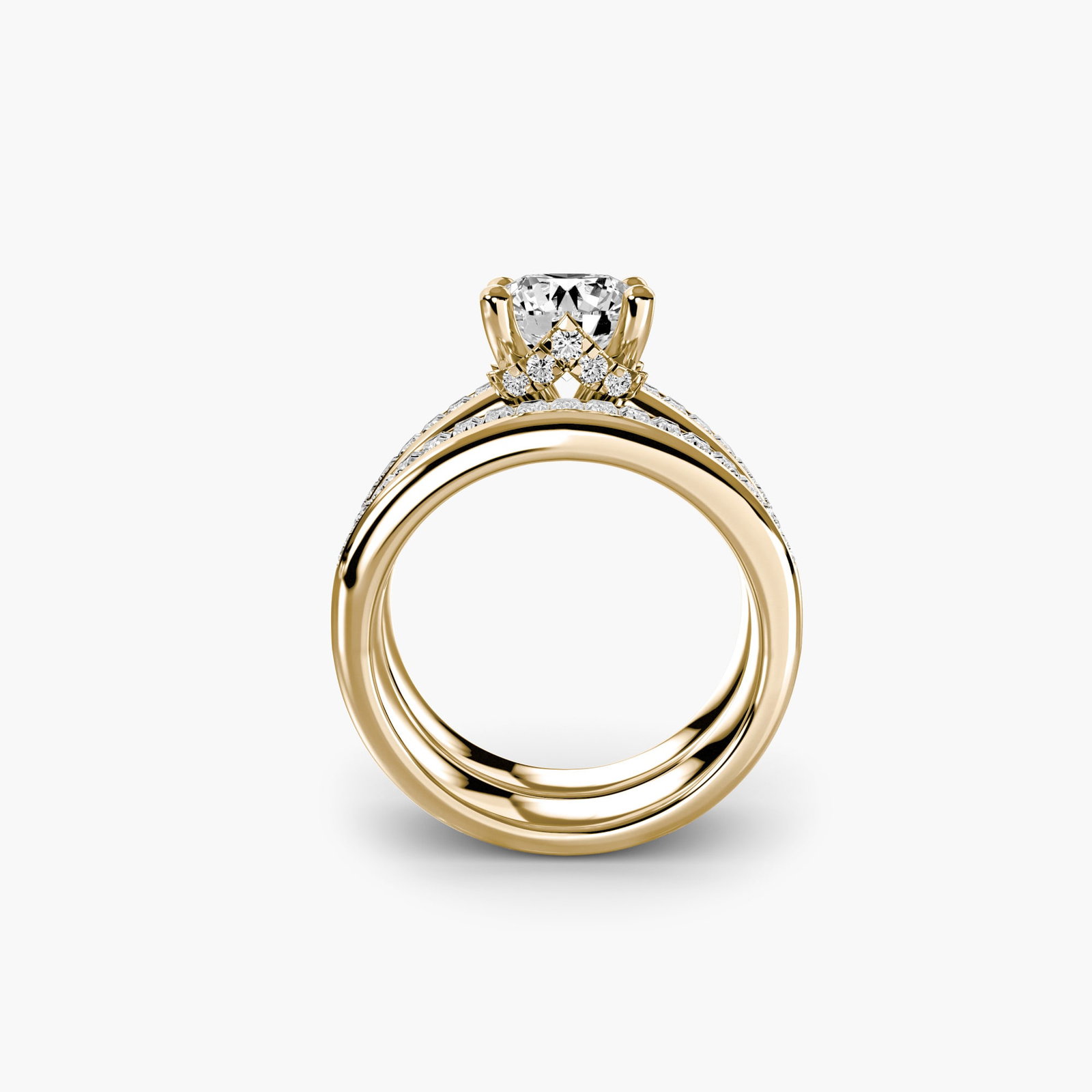 Side Stone Round 18Kt Yellow Gold Ring Setting: Side Stone Round 18Kt Yellow Gold Ring Setting Elevate your style with this stunning 18Kt yellow gold ring setting, featuring 41 side stones totaling 1.079 carats of lab-grown EF/VS colour and clarity