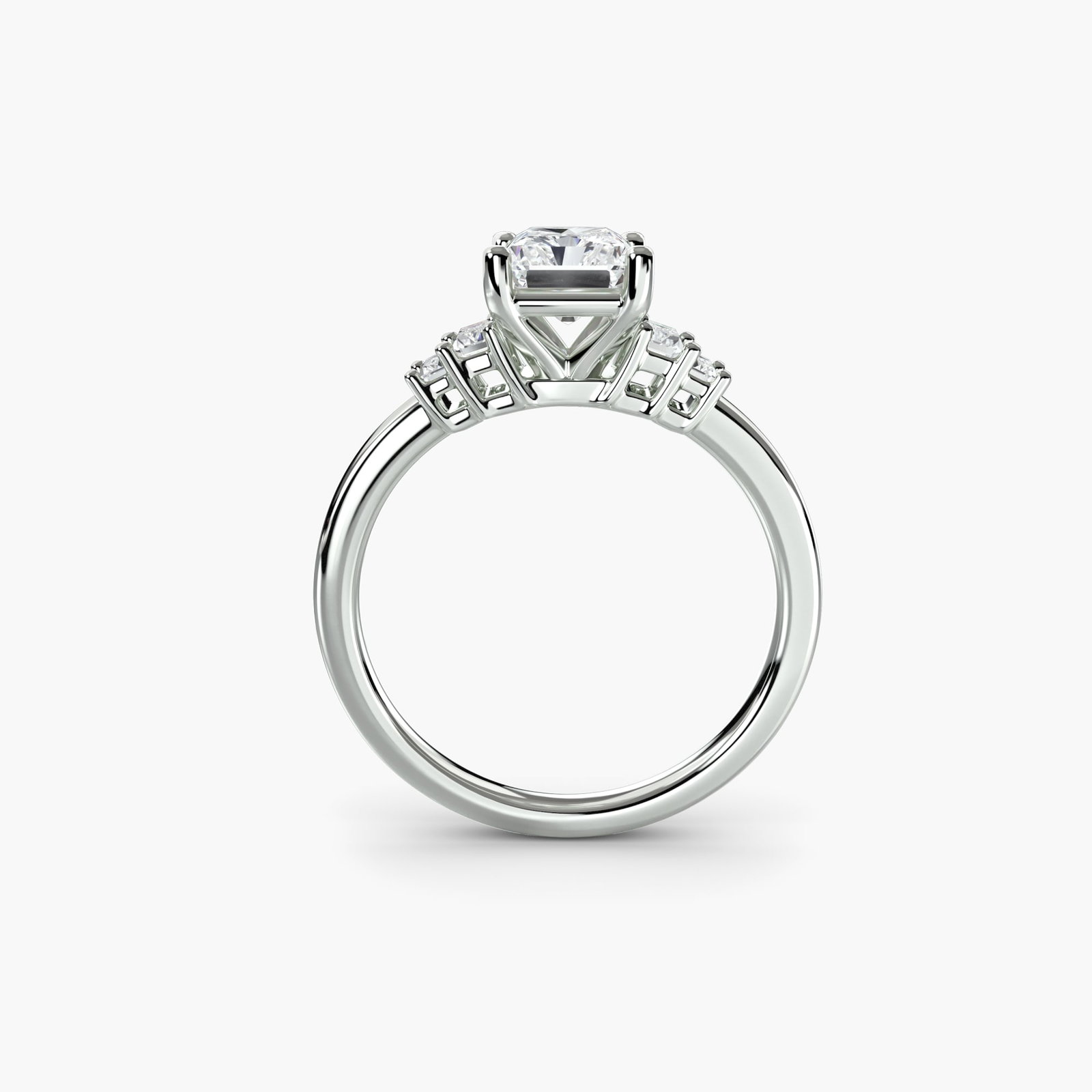 Solitaire Radiant 18Kt White Gold Ring Setting: Solitaire Radiant 18Kt White Gold Ring Setting Elegant simplicity is at the heart of this 18Kt White Gold Radiant Ring Setting, featuring four lab-grown side stones totaling 0.17 carats in EF/VS clari