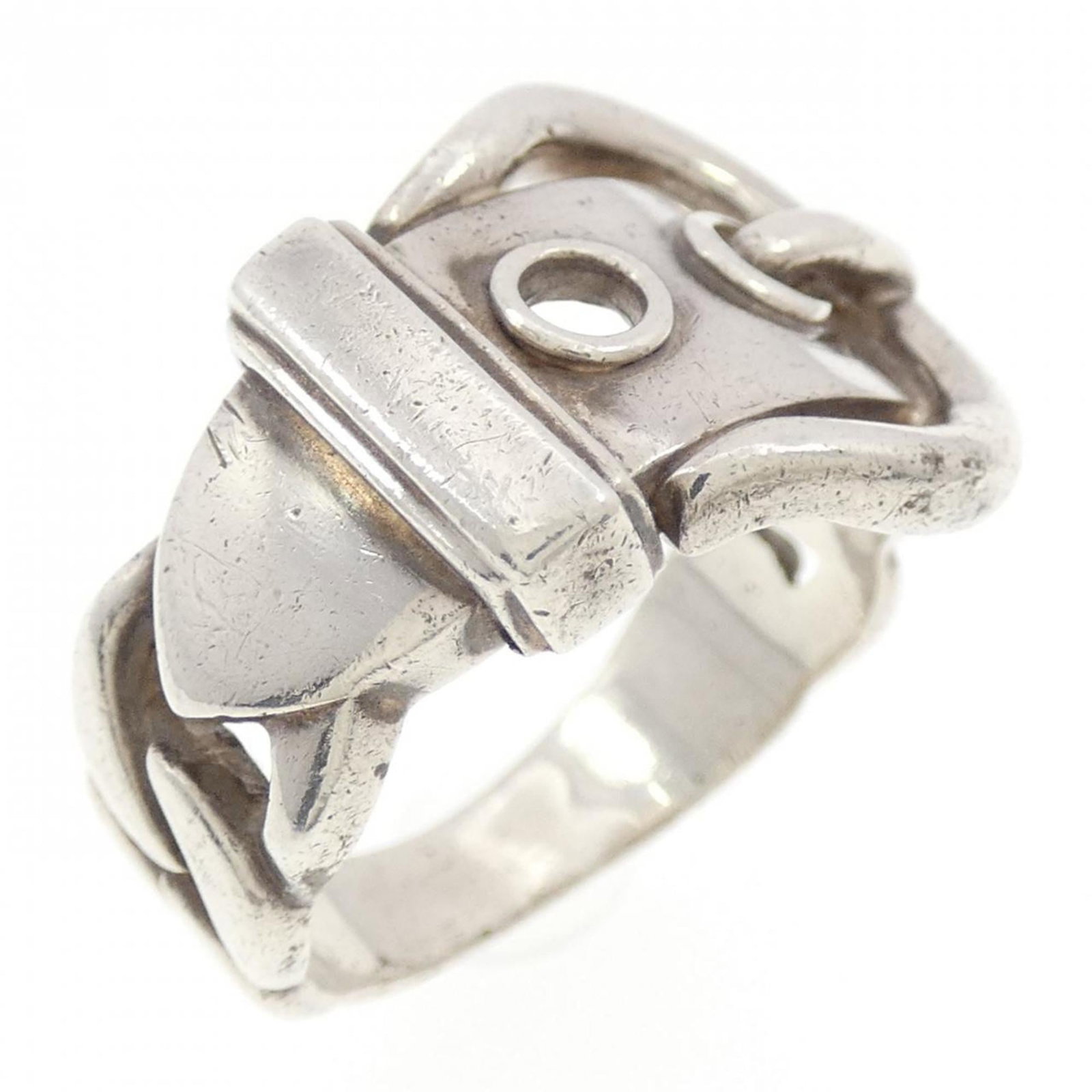 Silver band ring from Hermes.: Silver band ring from Hermes. A beautiful silver band ring from iconic luxury brand Hermes, available in US size 5.5. This pre-owned piece boasts a sleek design made from high-quality 925 silver,