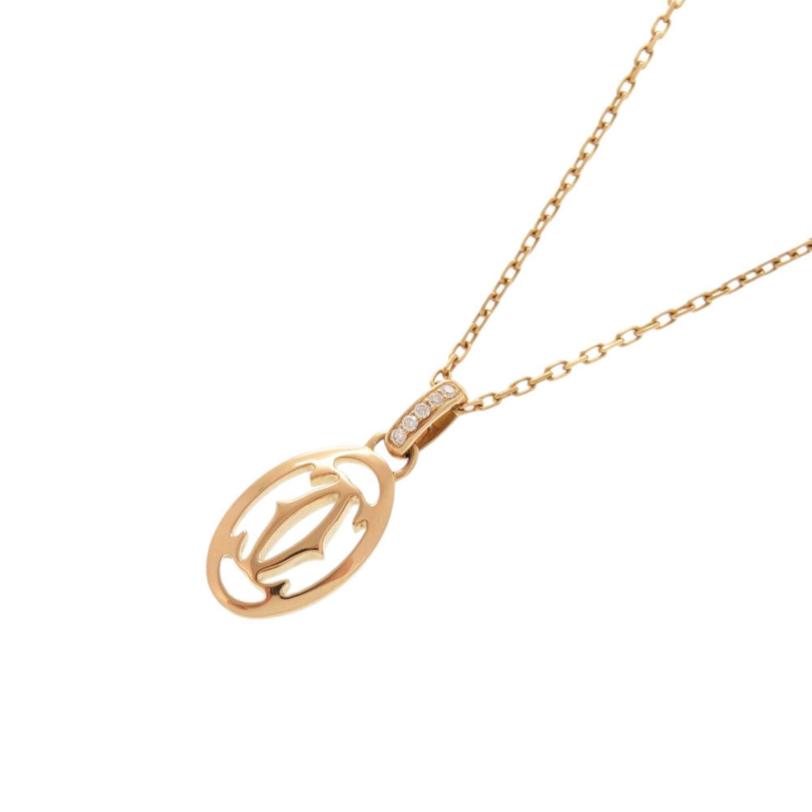 Like New Cartier Logo Double C 18KPG 750PG Diamond Pink Gold Necklace Jewelry 0134CARTIER: Like New Cartier Logo Double C 18KPG 750PG Diamond Pink Gold Necklace Jewelry 0134CARTIER A stunning 18K pink gold Cartier necklace showcases the iconic Double C logo, set with diamonds in a sleek